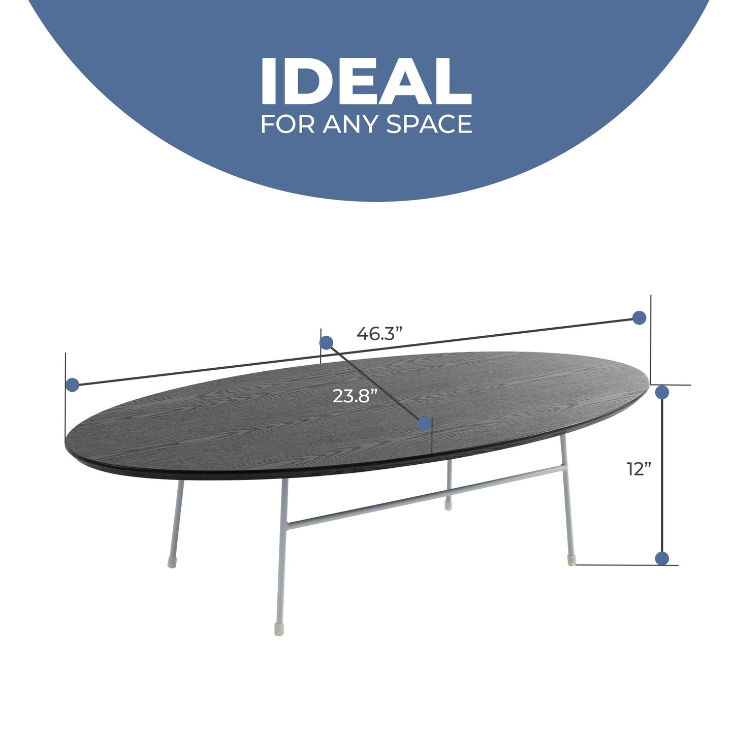 Rossmore Oval Coffee Table with MDF Wood Tabletop in White Steel Frame