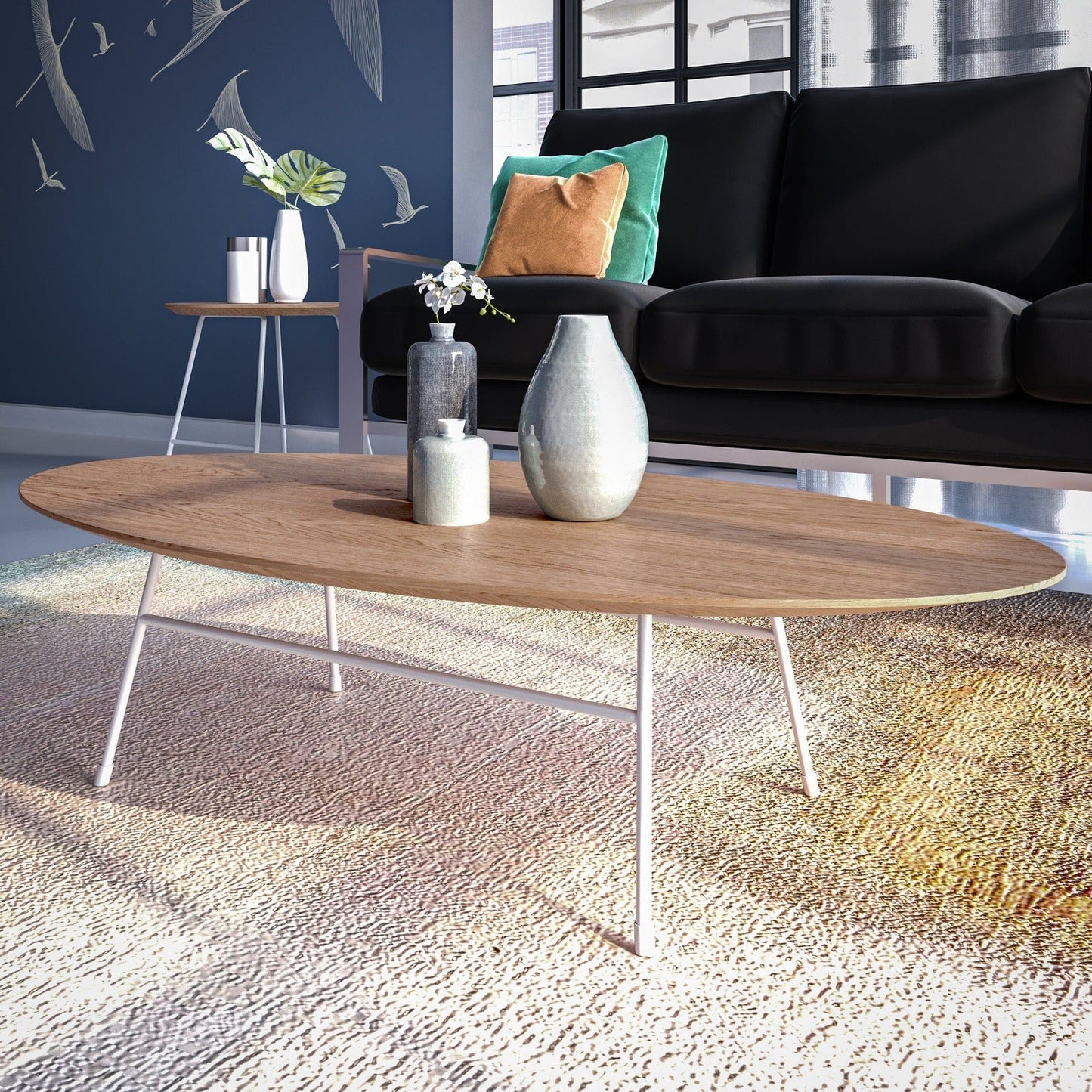 Rossmore Oval Coffee Table with MDF Wood Tabletop in White Steel Frame