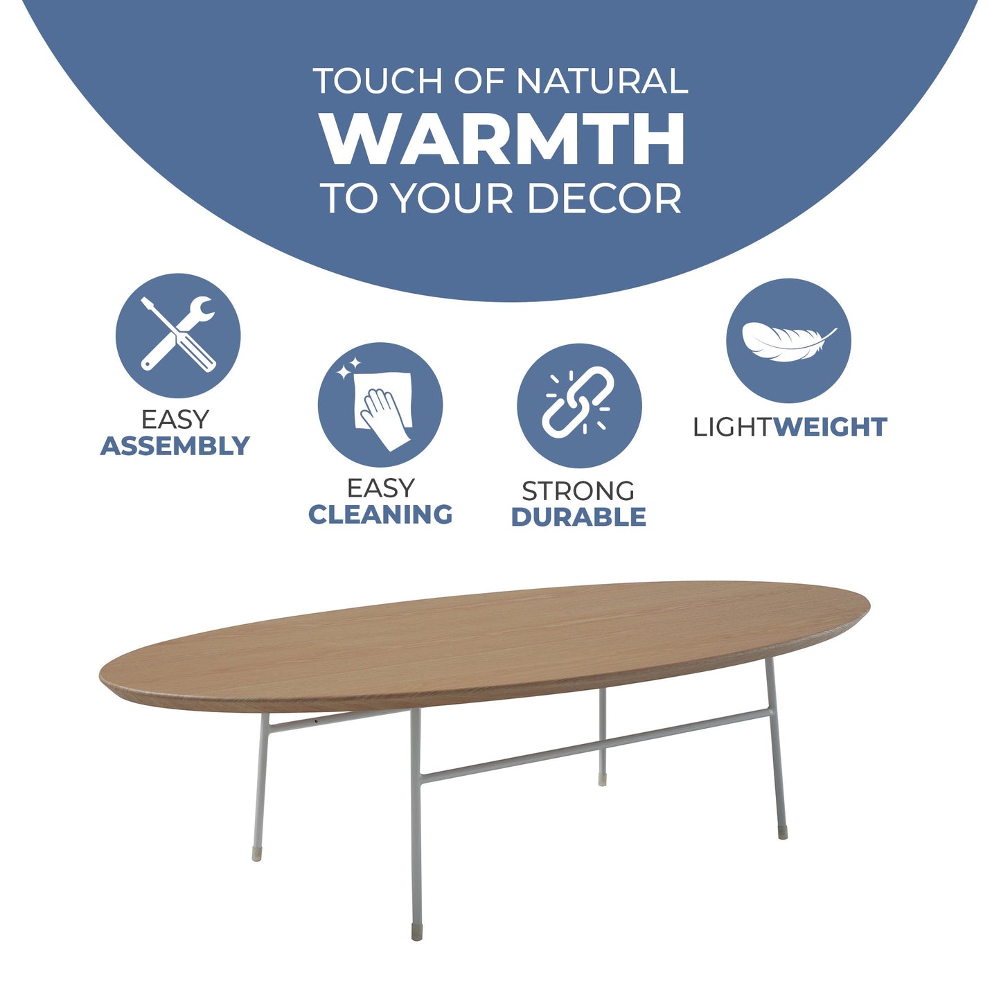 Rossmore Oval Coffee Table with MDF Wood Tabletop in White Steel Frame