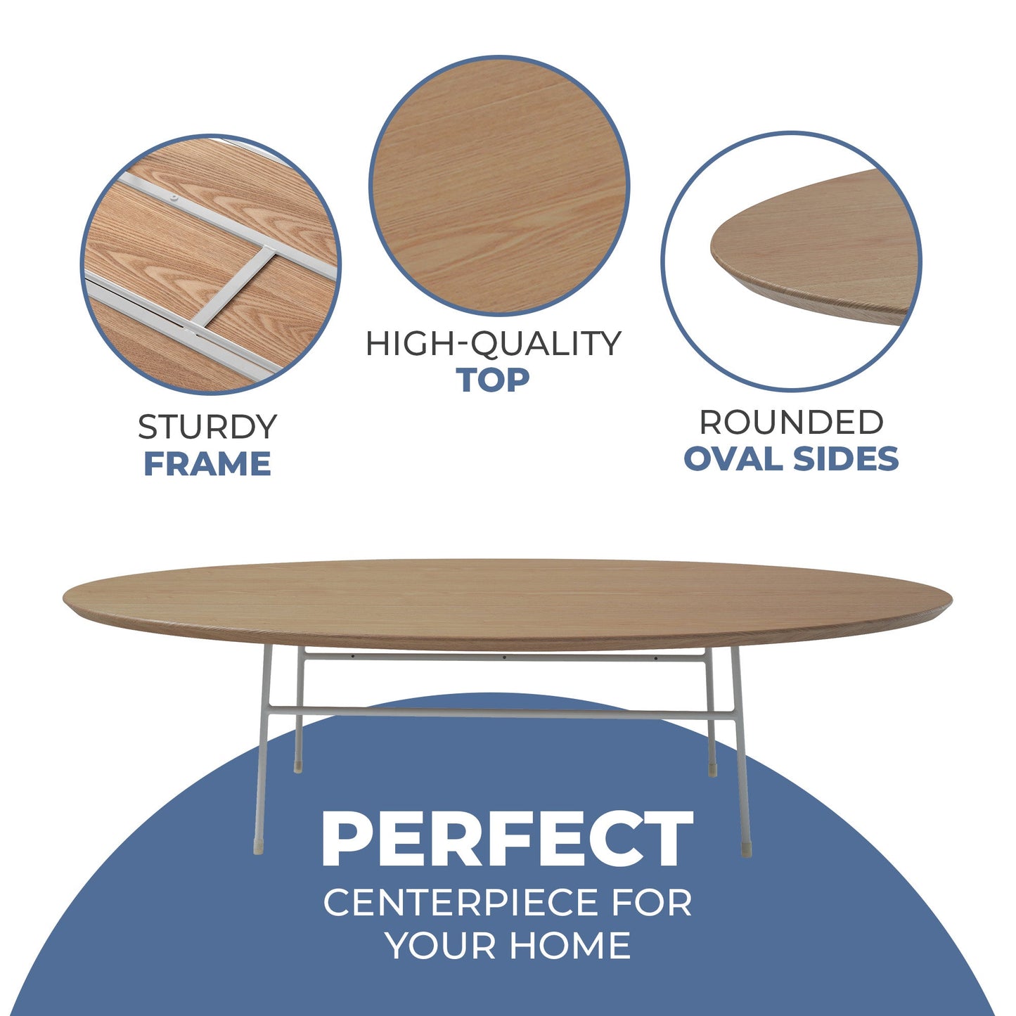 Rossmore Oval Coffee Table with MDF Wood Tabletop in White Steel Frame