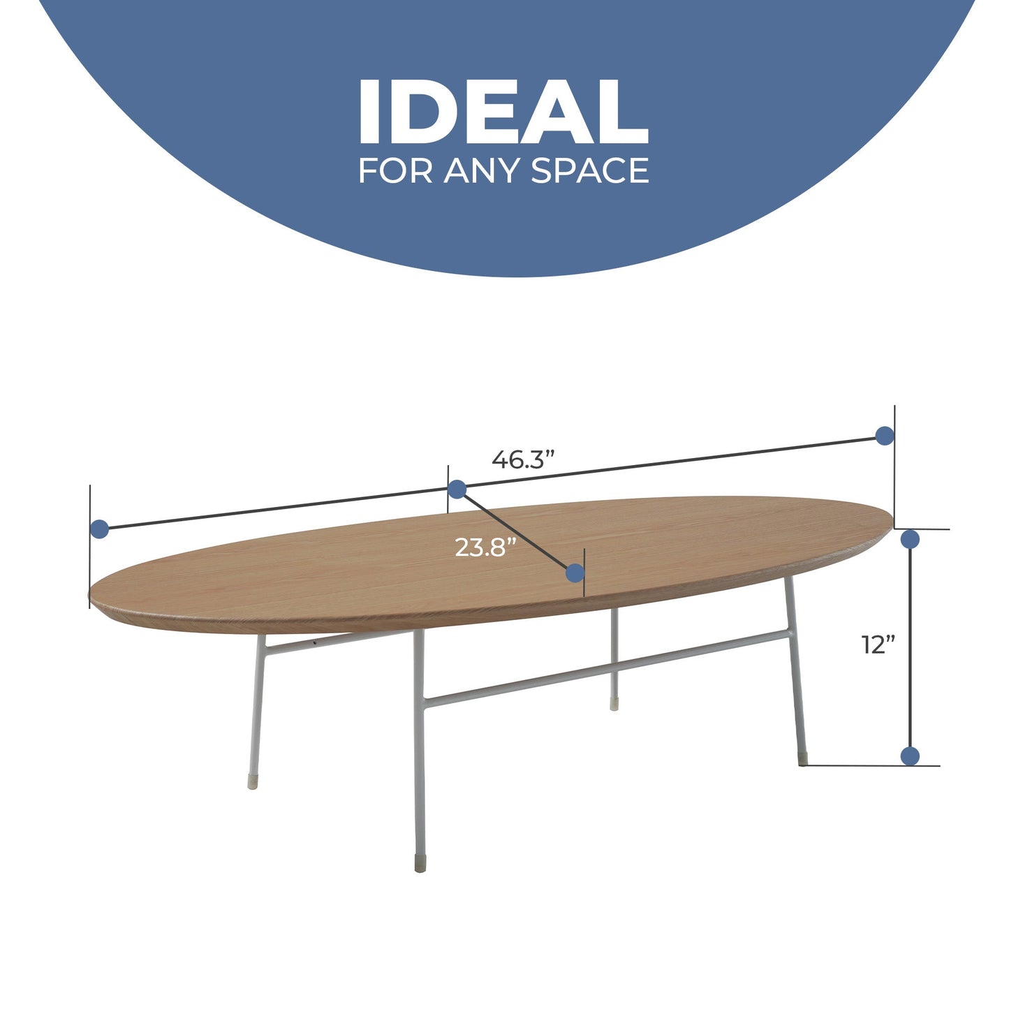 Rossmore Oval Coffee Table with MDF Wood Tabletop in White Steel Frame