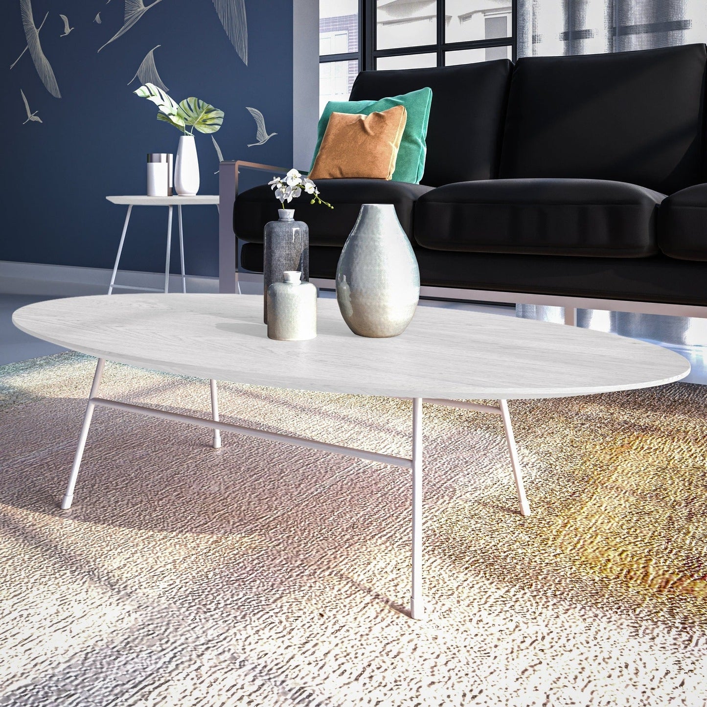 Rossmore Oval Coffee Table with MDF Wood Tabletop in White Steel Frame