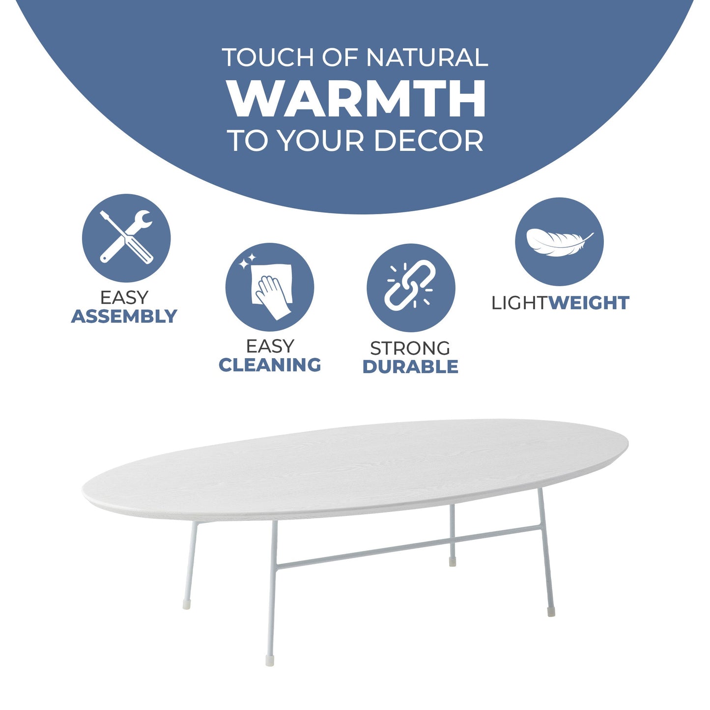 Rossmore Oval Coffee Table with MDF Wood Tabletop in White Steel Frame