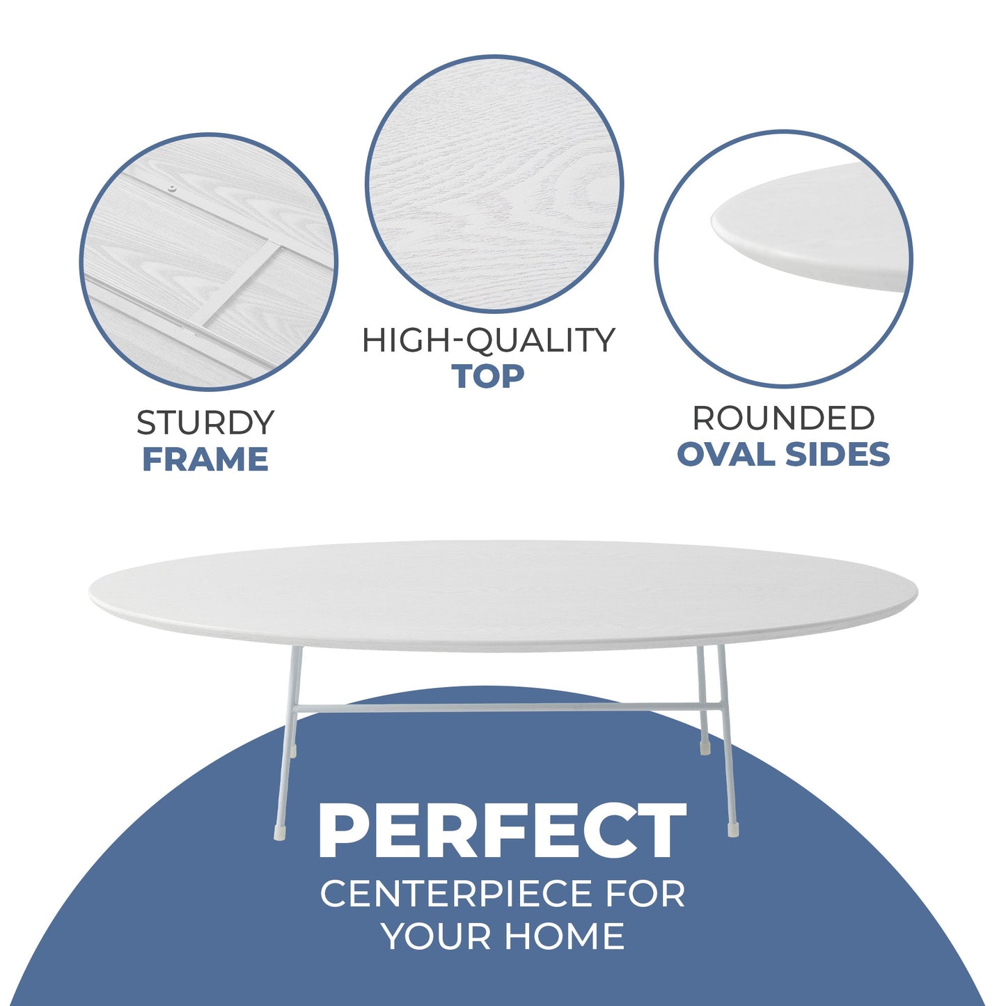 Rossmore Oval Coffee Table with MDF Wood Tabletop in White Steel Frame