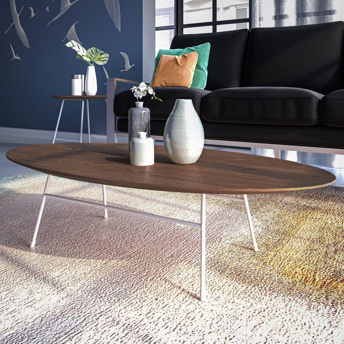 Rossmore Oval Coffee Table with MDF Wood Tabletop in White Steel Frame