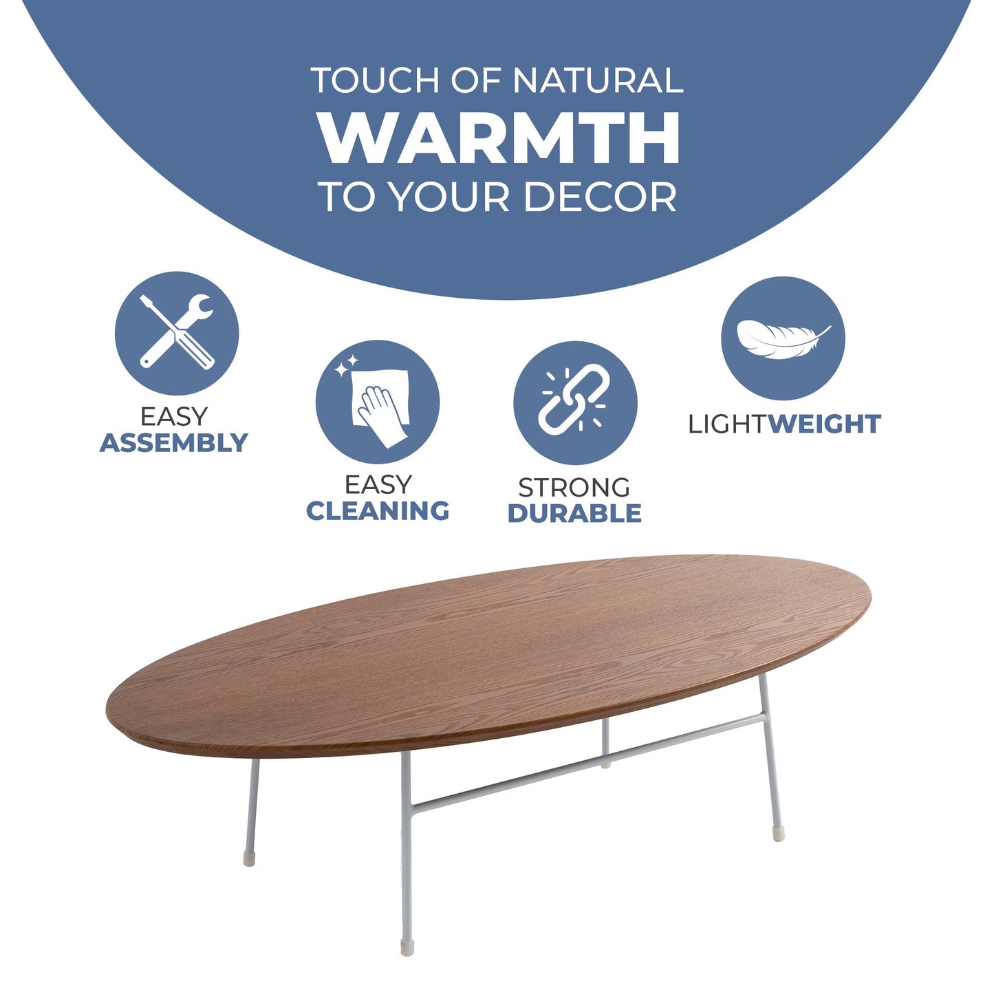 Rossmore Oval Coffee Table with MDF Wood Tabletop in White Steel Frame