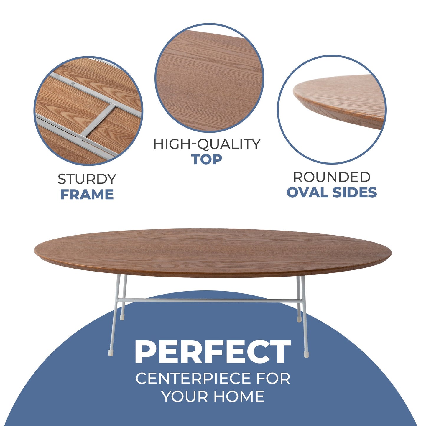 Rossmore Oval Coffee Table with MDF Wood Tabletop in White Steel Frame