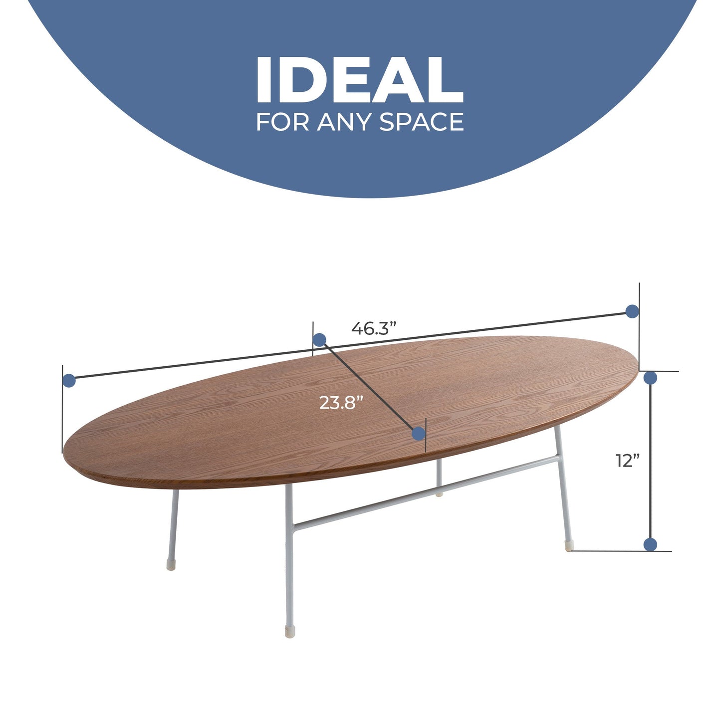 Rossmore Oval Coffee Table with MDF Wood Tabletop in White Steel Frame