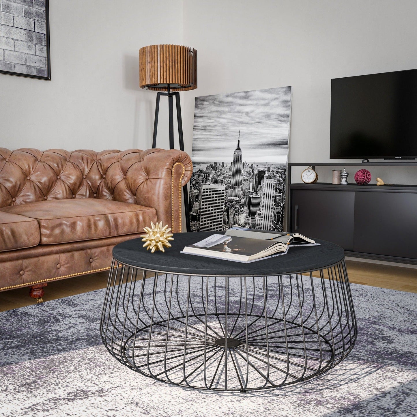 Runswick Round Coffee Table with MDF Tabletop Storage Space in Black Steel Base