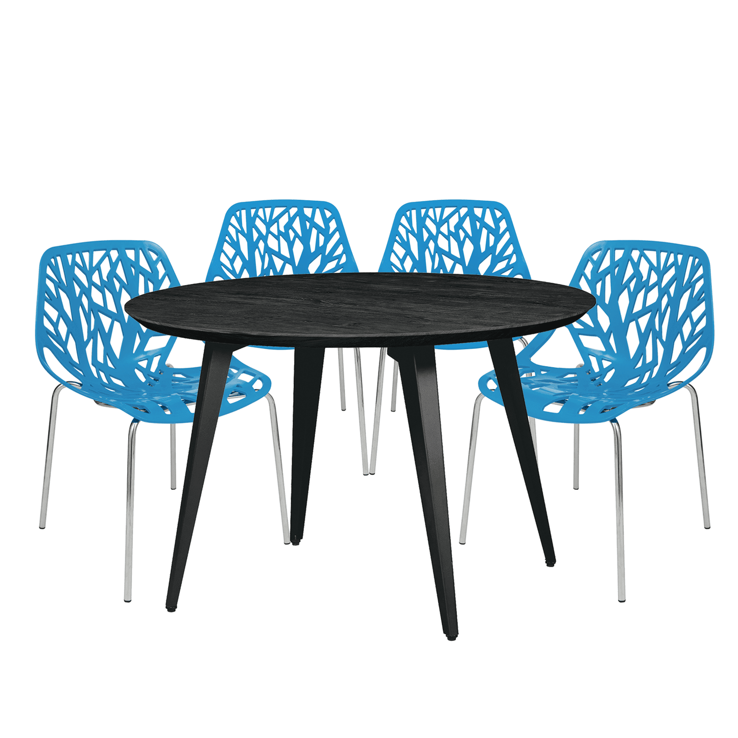 Ravenna 5-Piece Dining Set: 4 Stackable Plastic Chairs & Round Wood Table, Metal Base