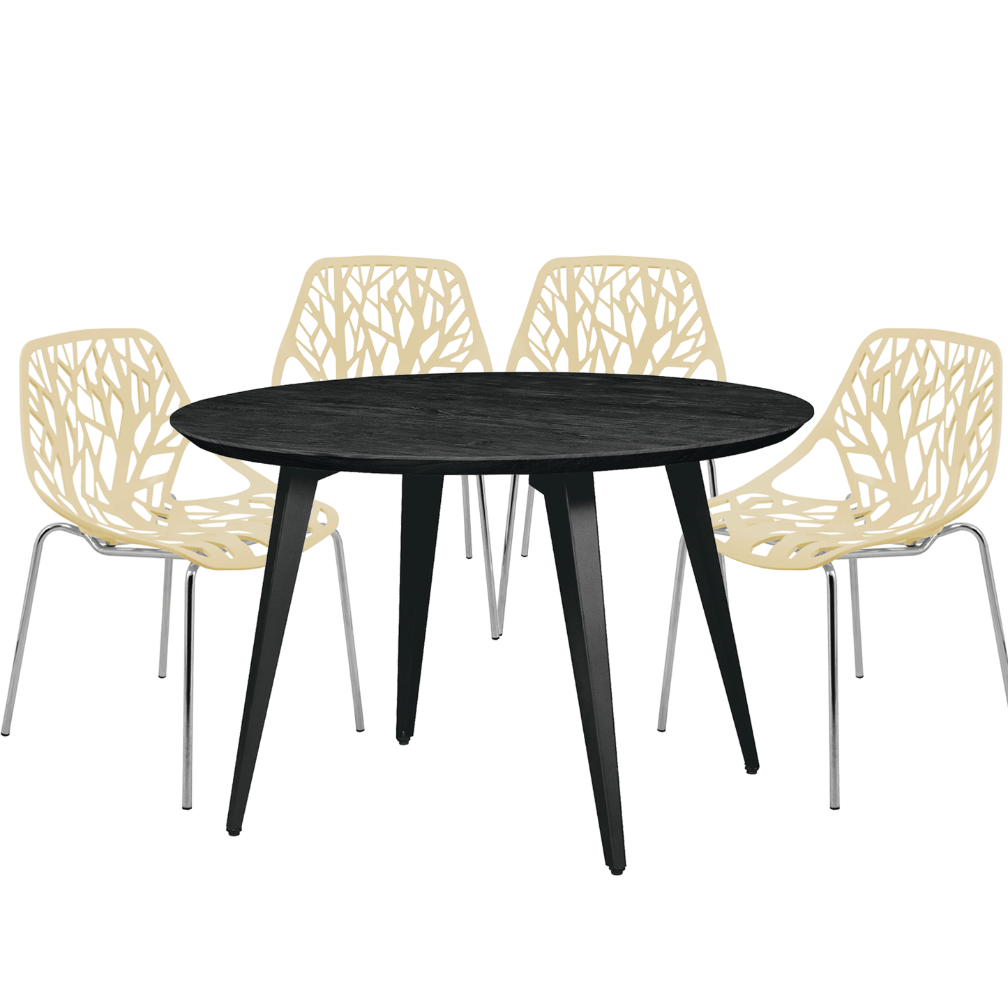 Ravenna 5-Piece Dining Set: 4 Stackable Plastic Chairs & Round Wood Table, Metal Base
