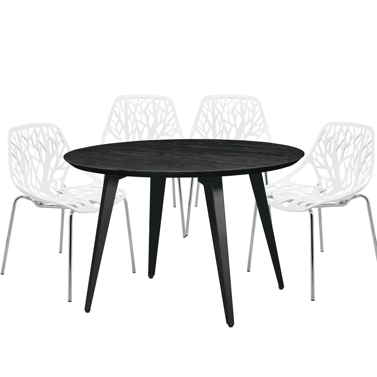 Ravenna 5-Piece Dining Set: 4 Stackable Plastic Chairs & Round Wood Table, Metal Base