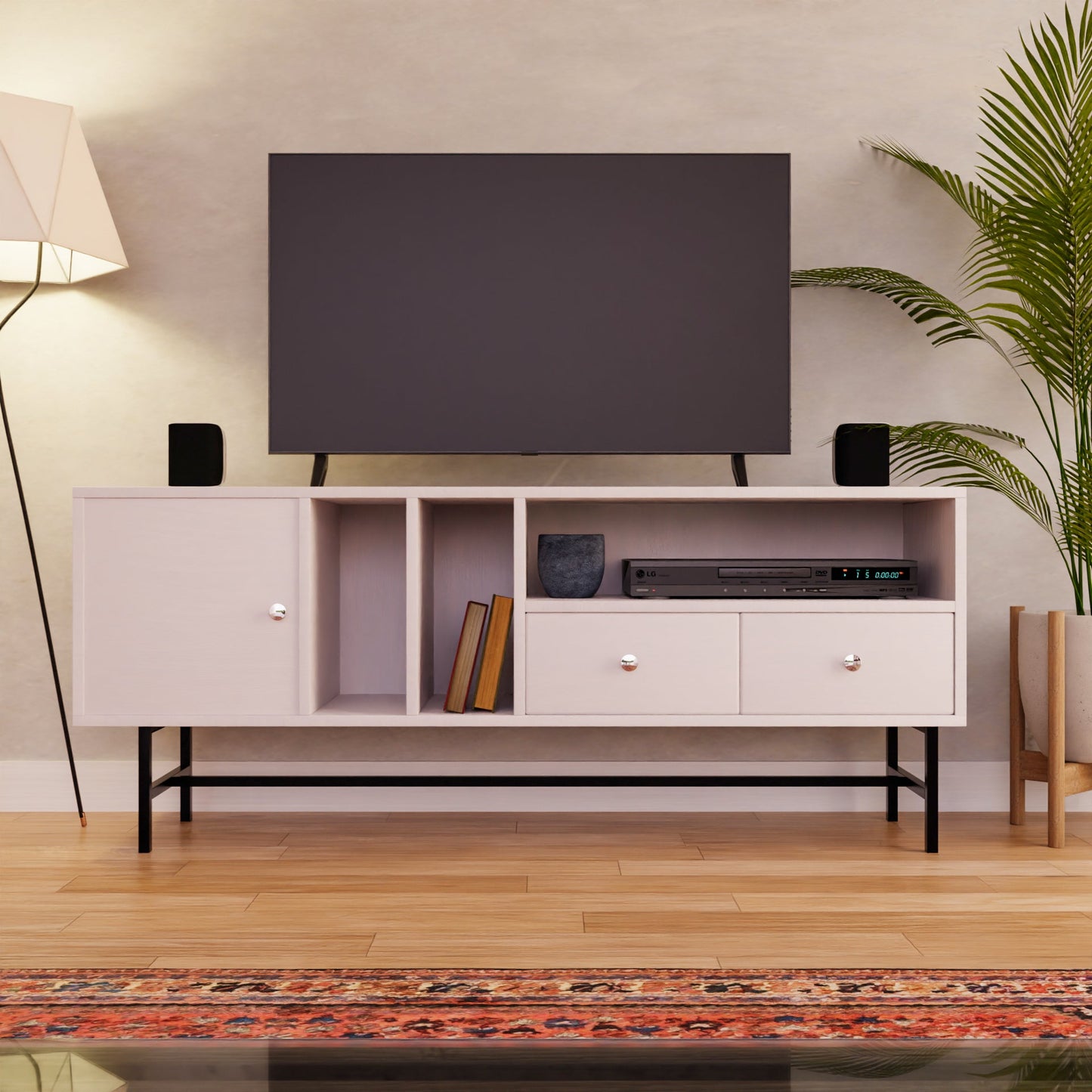 Rochester Modern Rectangular TV Stand: Enclosed Storage & Powder-Coated Iron Legs