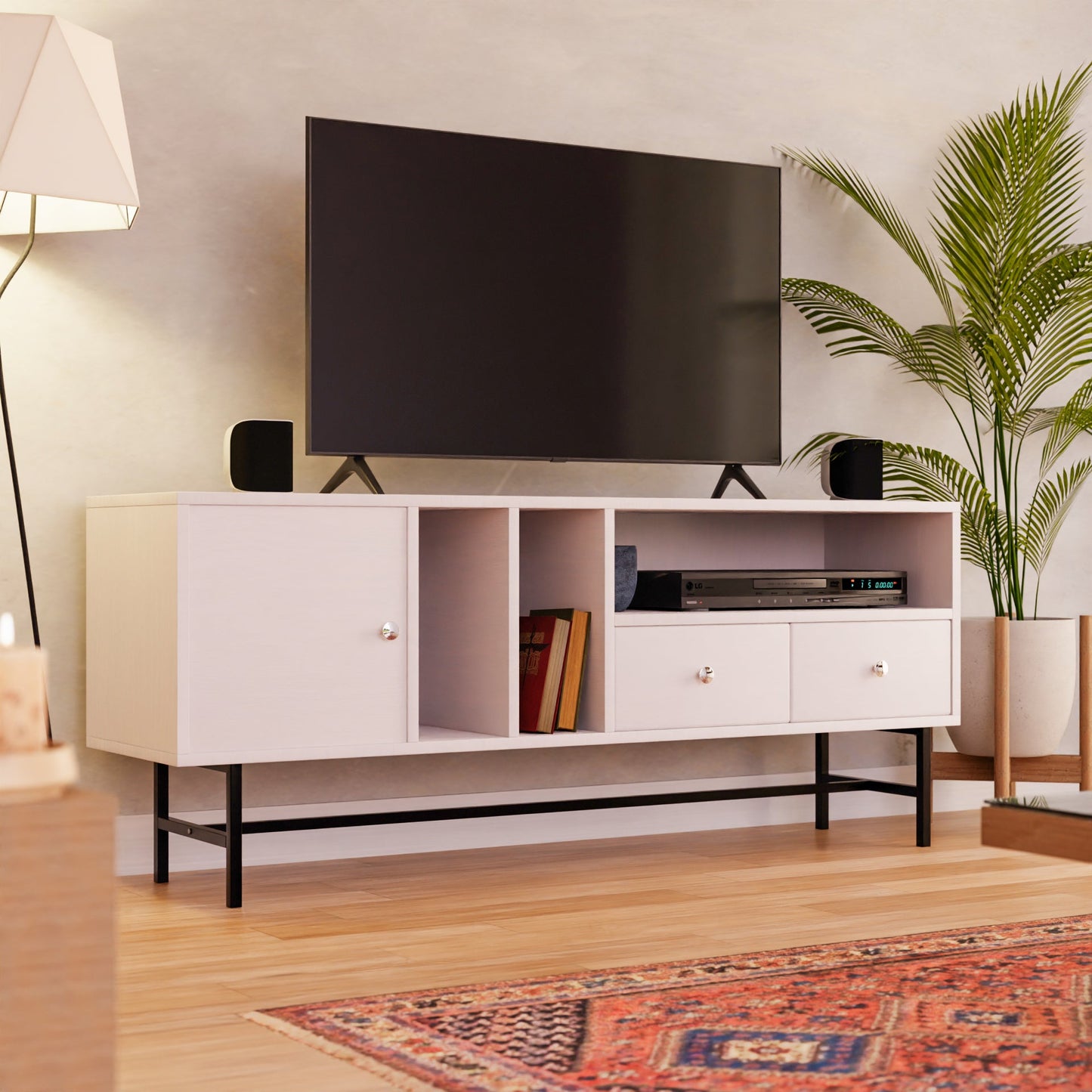 Rochester Modern Rectangular TV Stand: Enclosed Storage & Powder-Coated Iron Legs