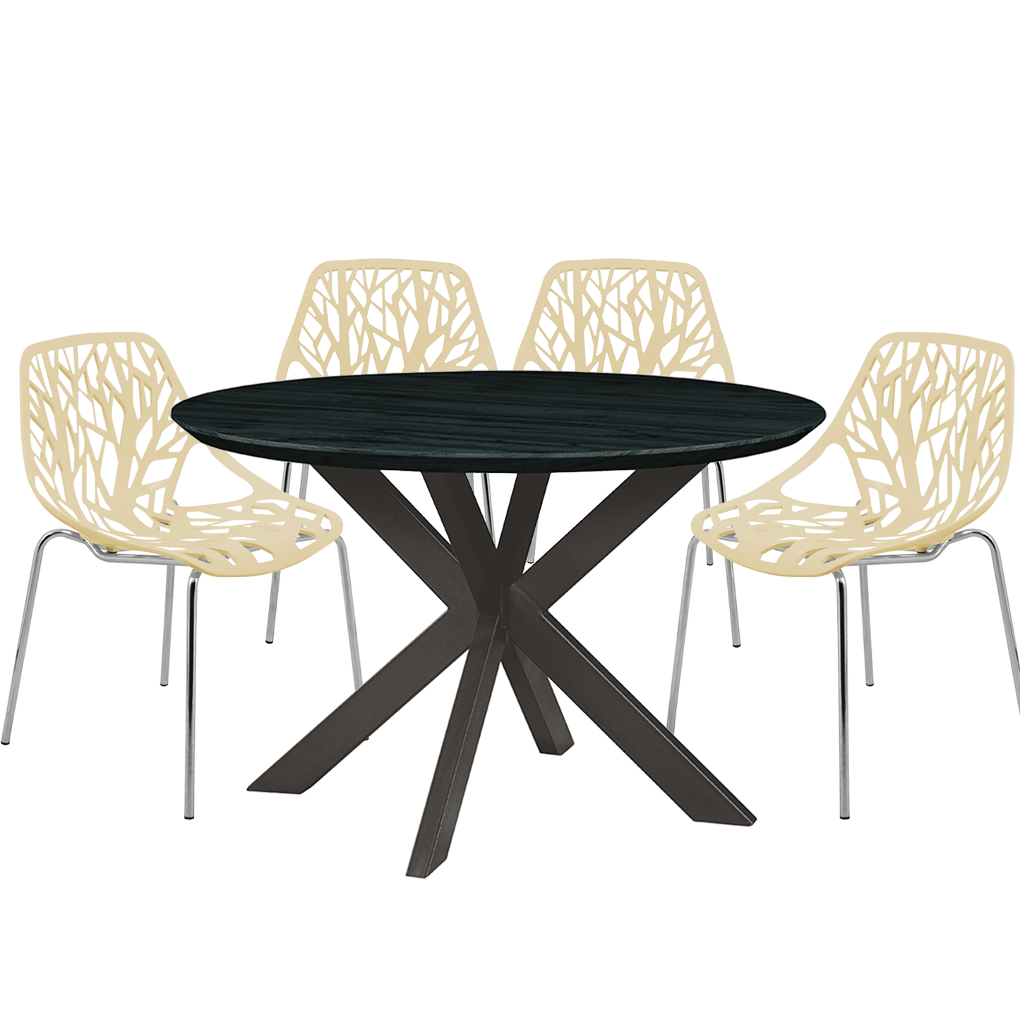 Ravenna 5-Piece Dining Set: 4 Stackable Plastic Chairs & Round Table With Geometric Base