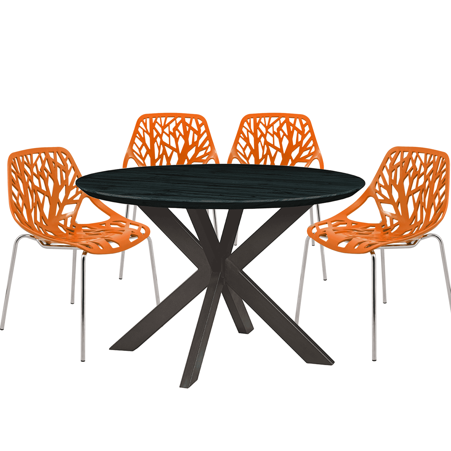 Ravenna 5-Piece Dining Set: 4 Stackable Plastic Chairs & Round Table With Geometric Base