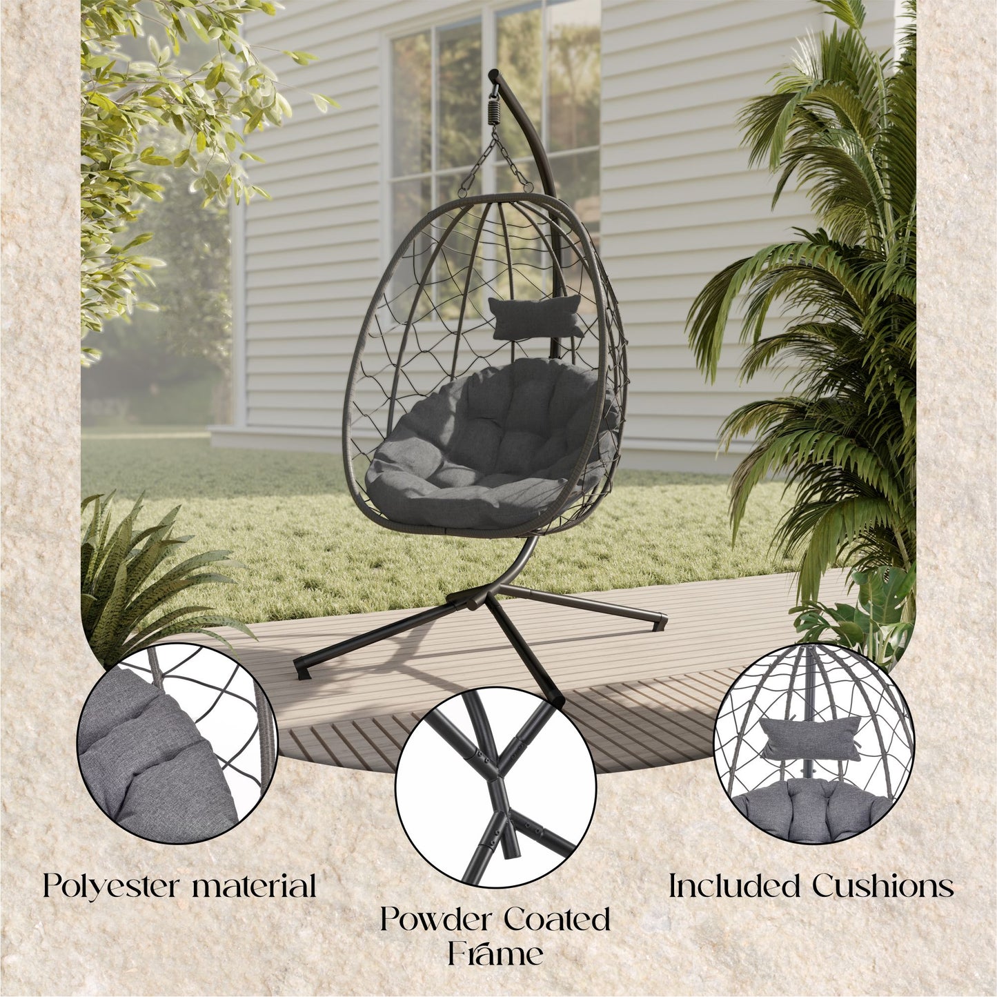 Summit Outdoor Single Person Egg Swing Chair in Grey Steel Frame With Removable Cushions