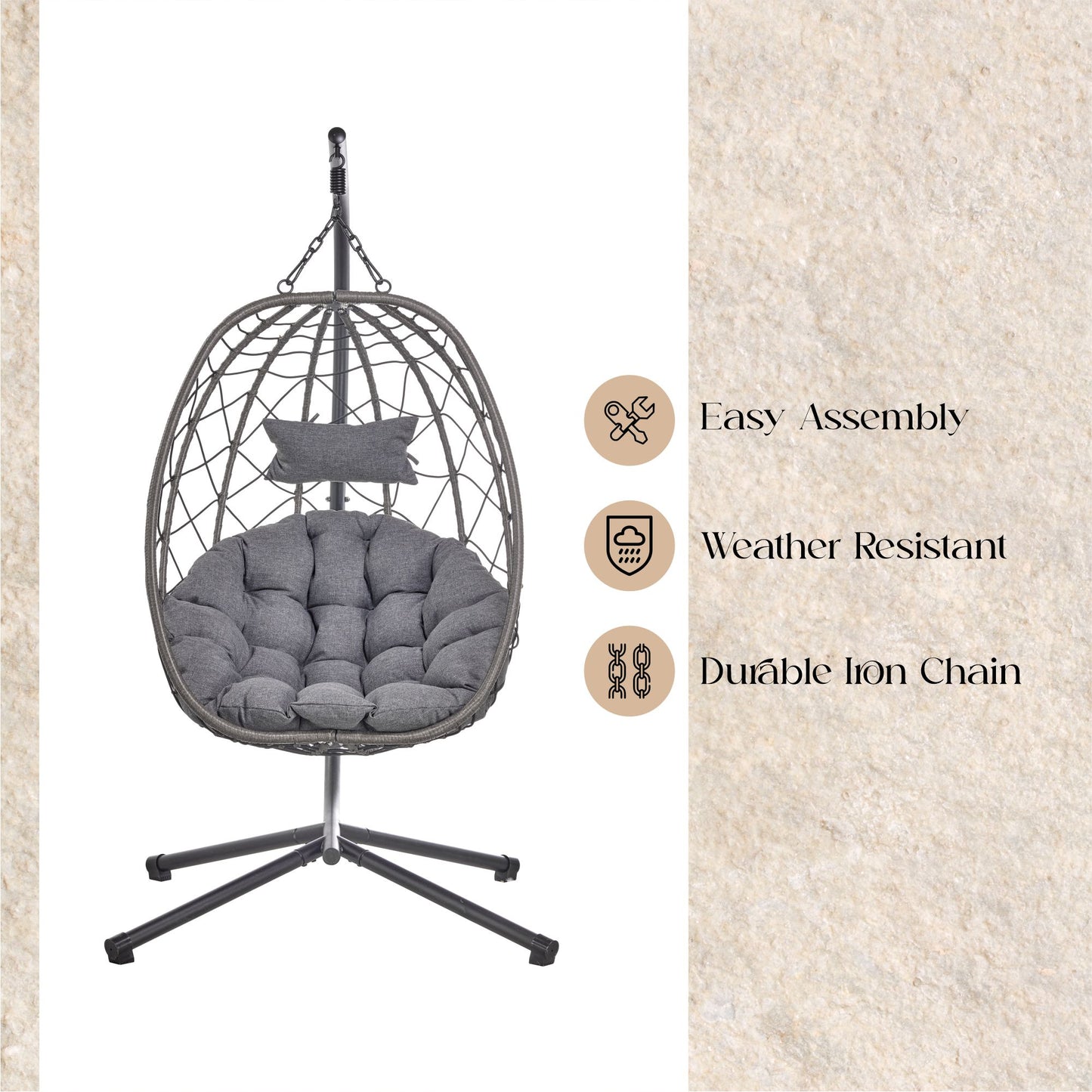 Summit Outdoor Single Person Egg Swing Chair in Grey Steel Frame With Removable Cushions