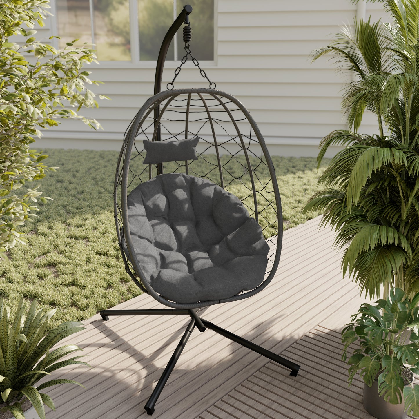 Summit Outdoor Single Person Egg Swing Chair in Grey Steel Frame With Removable Cushions