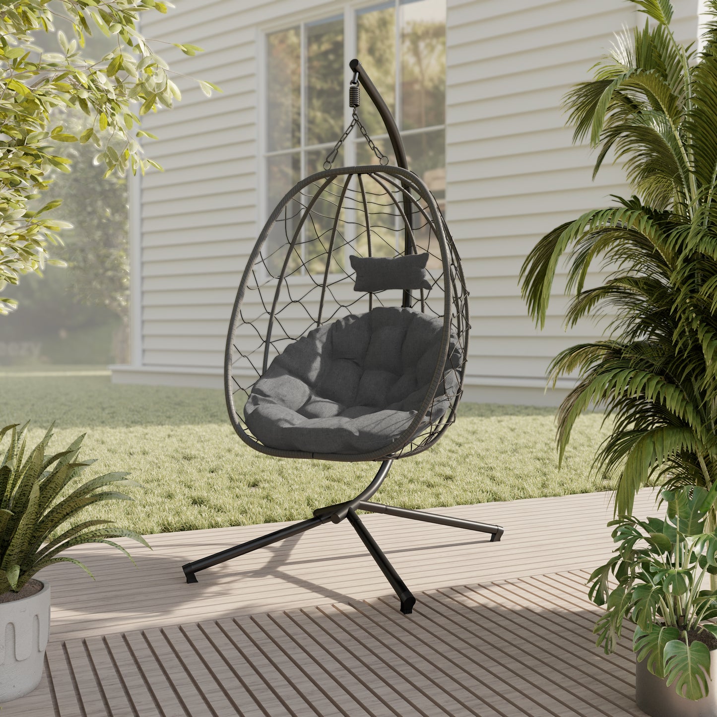 Summit Outdoor Single Person Egg Swing Chair in Grey Steel Frame With Removable Cushions
