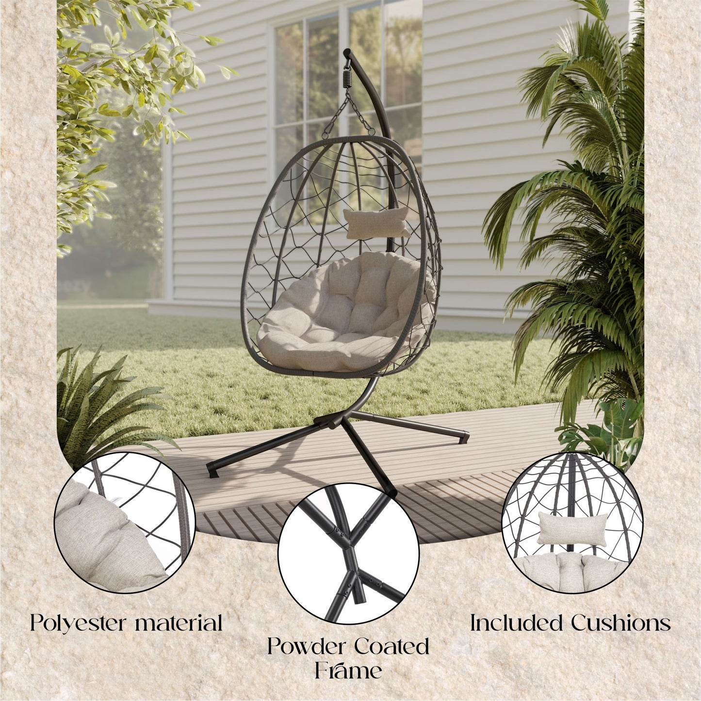 Summit Outdoor Single Person Egg Swing Chair in Grey Steel Frame With Removable Cushions