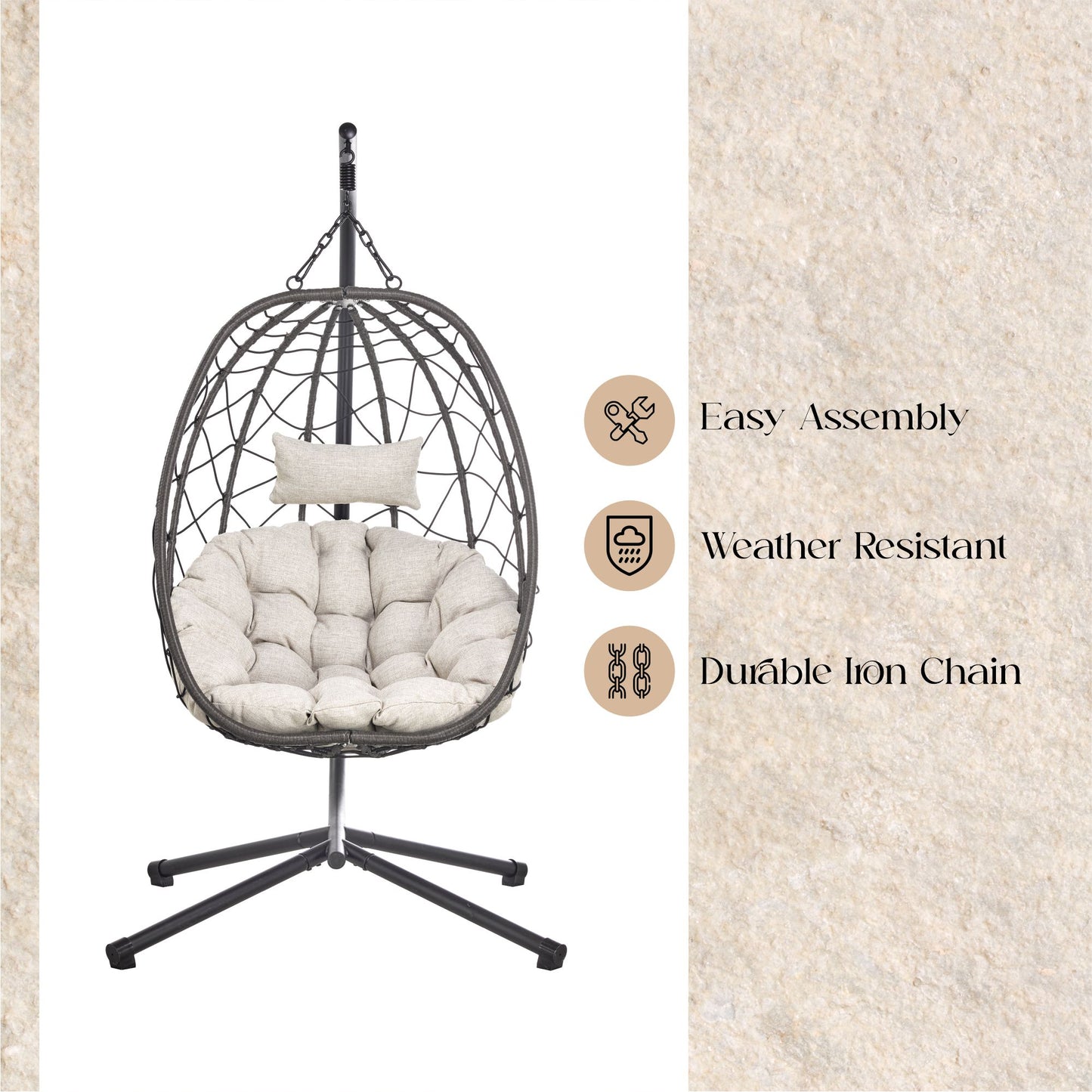 Summit Outdoor Single Person Egg Swing Chair in Grey Steel Frame With Removable Cushions