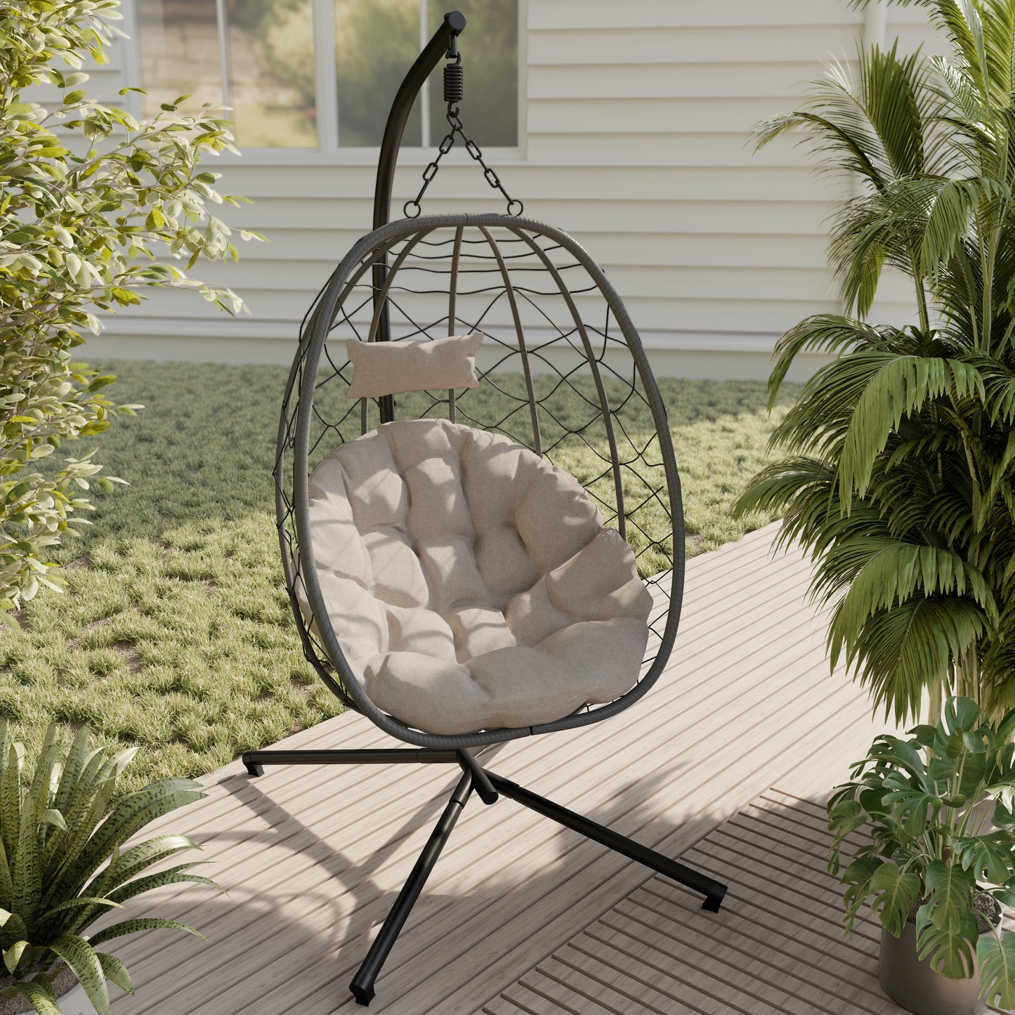 Summit Outdoor Single Person Egg Swing Chair in Grey Steel Frame With Removable Cushions