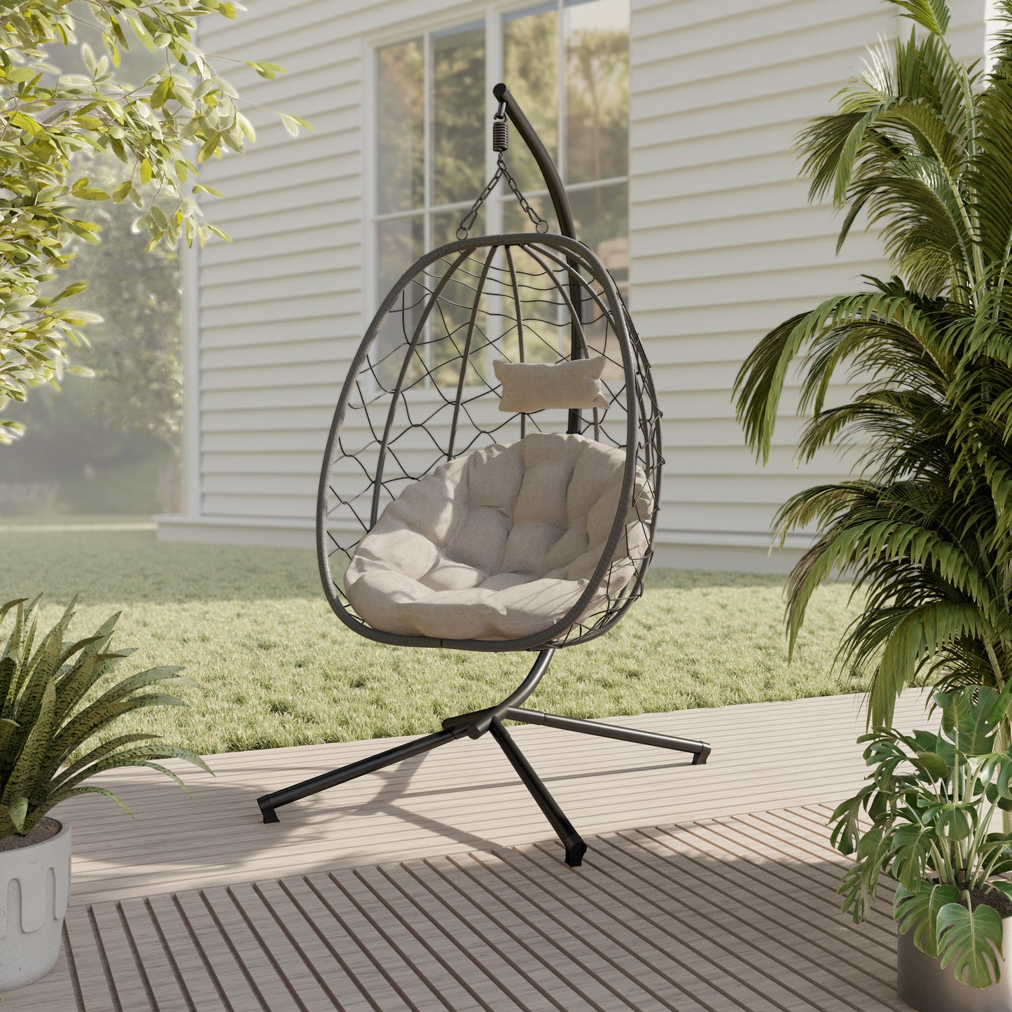 Summit Outdoor Single Person Egg Swing Chair in Grey Steel Frame With Removable Cushions