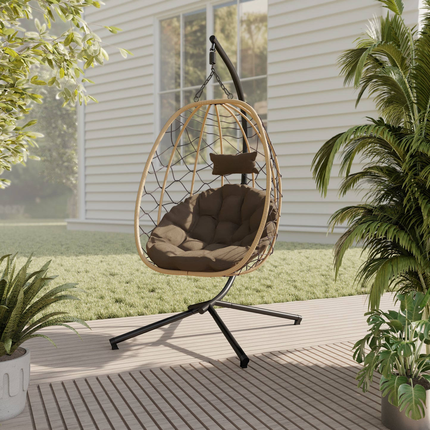 Summit Outdoor Single Person Egg Swing Chair in Grey Steel Frame With Removable Cushions