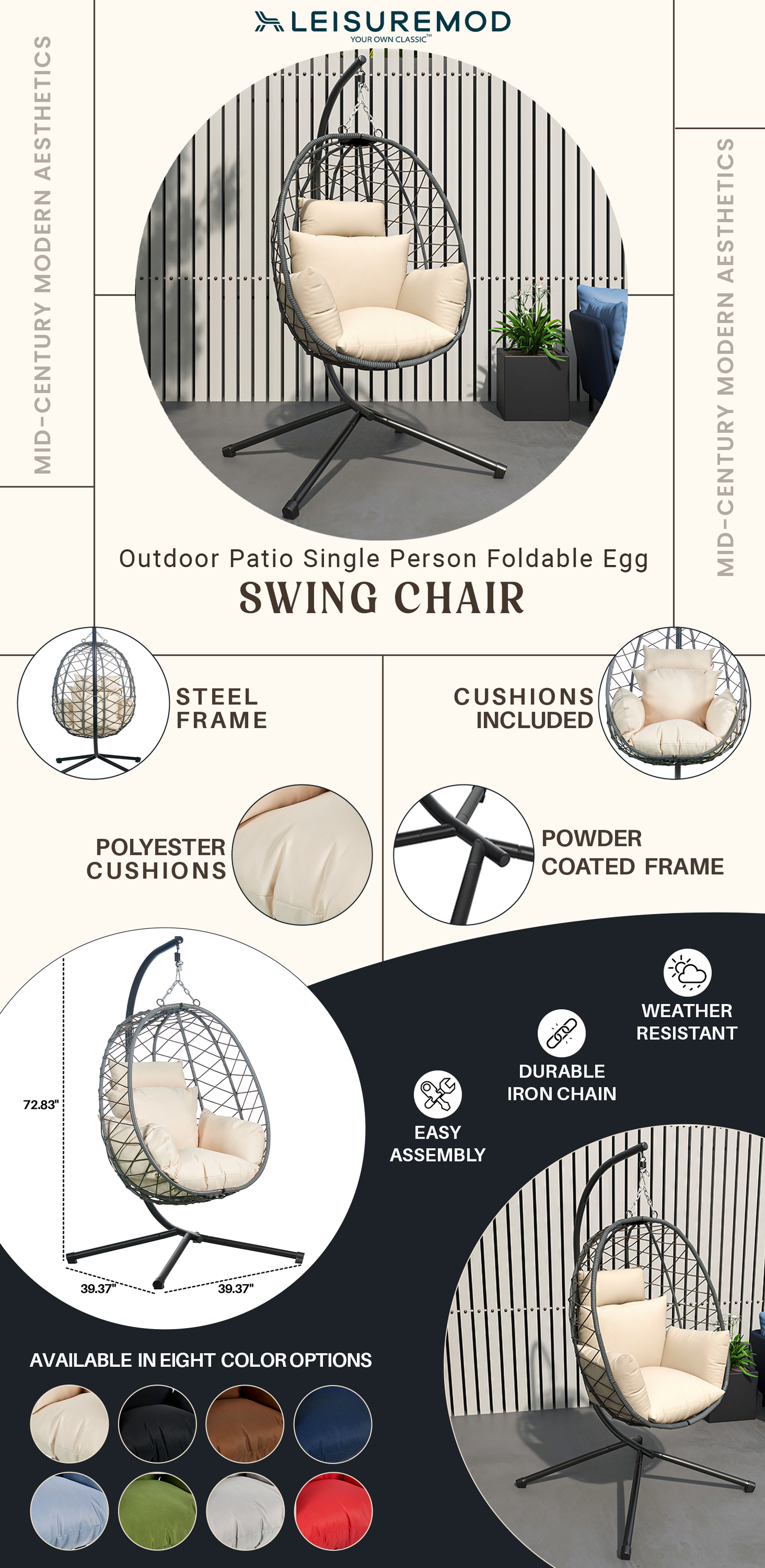 Summit Outdoor Single Person Egg Swing Chair in Grey Steel Frame With Removable Cushions