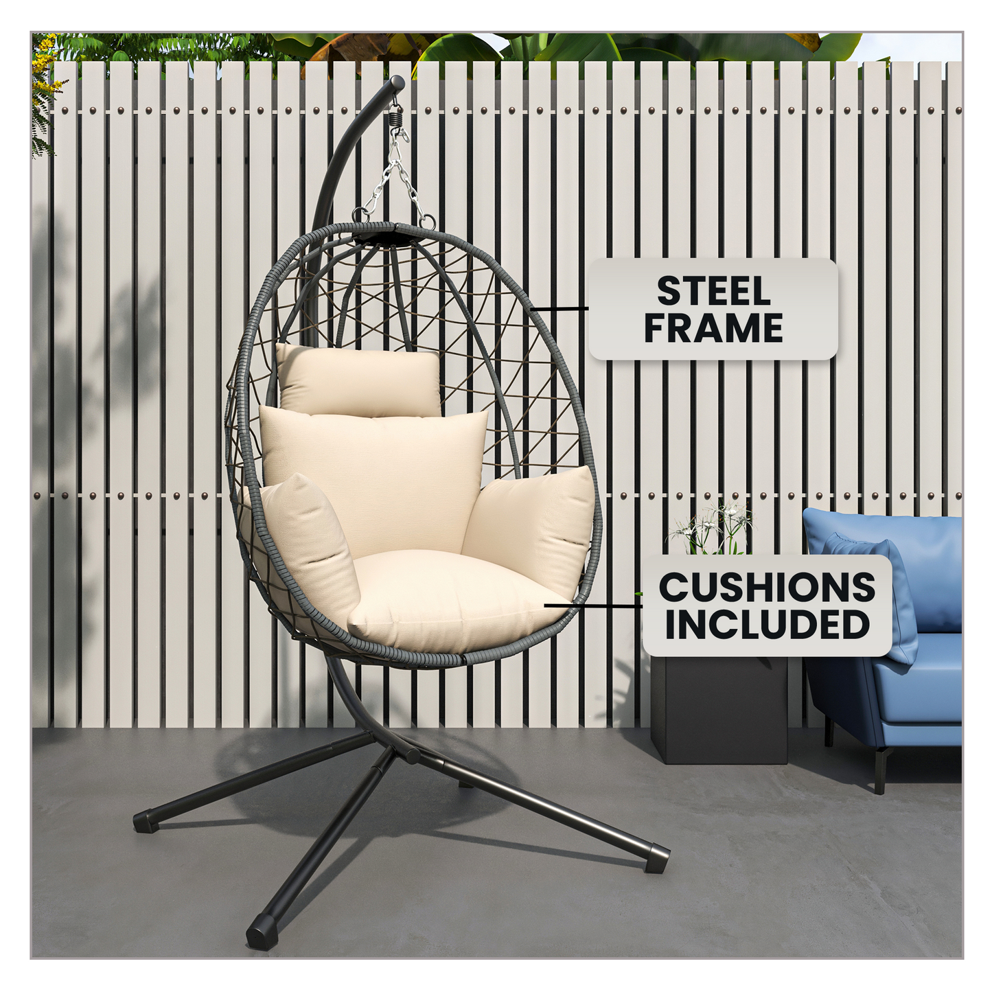 Summit Outdoor Single Person Egg Swing Chair in Grey Steel Frame With Removable Cushions