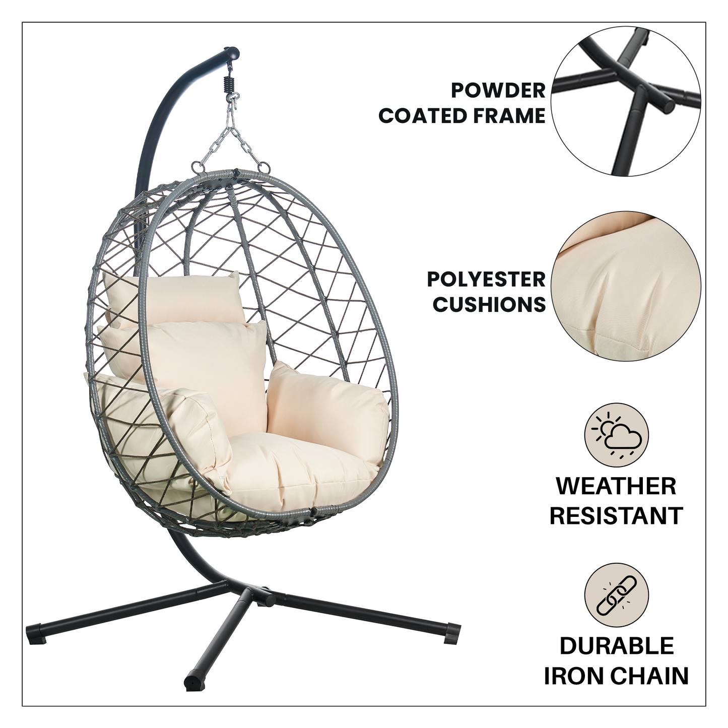 Summit Outdoor Single Person Egg Swing Chair in Grey Steel Frame With Removable Cushions