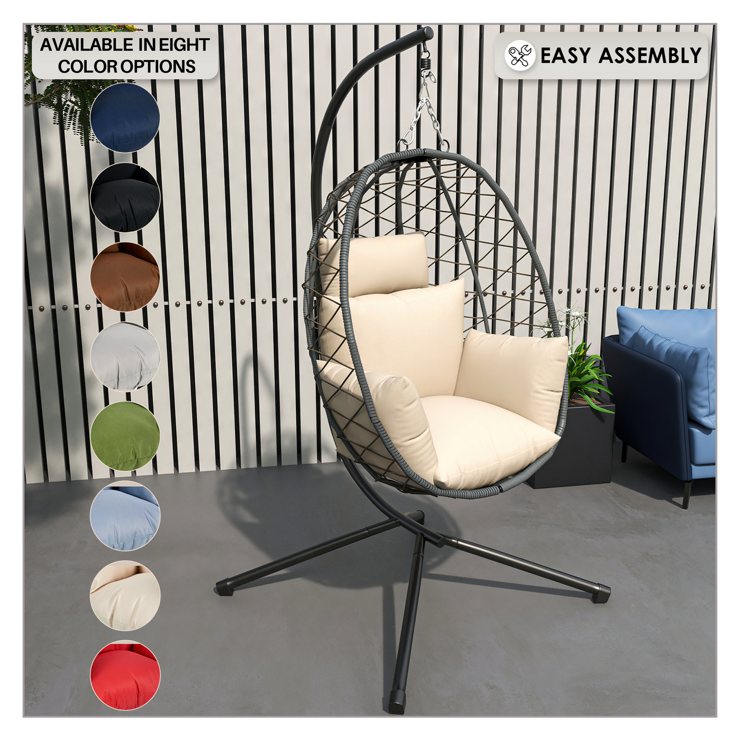 Summit Outdoor Single Person Egg Swing Chair in Grey Steel Frame With Removable Cushions
