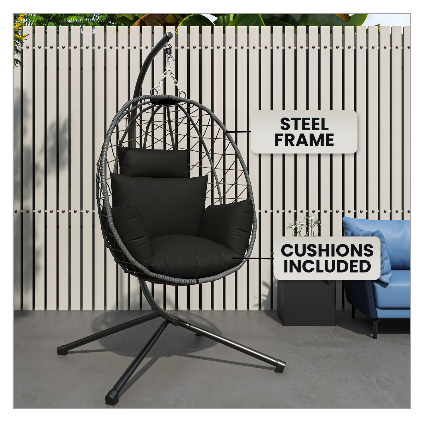 Summit Outdoor Single Person Egg Swing Chair in Grey Steel Frame With Removable Cushions