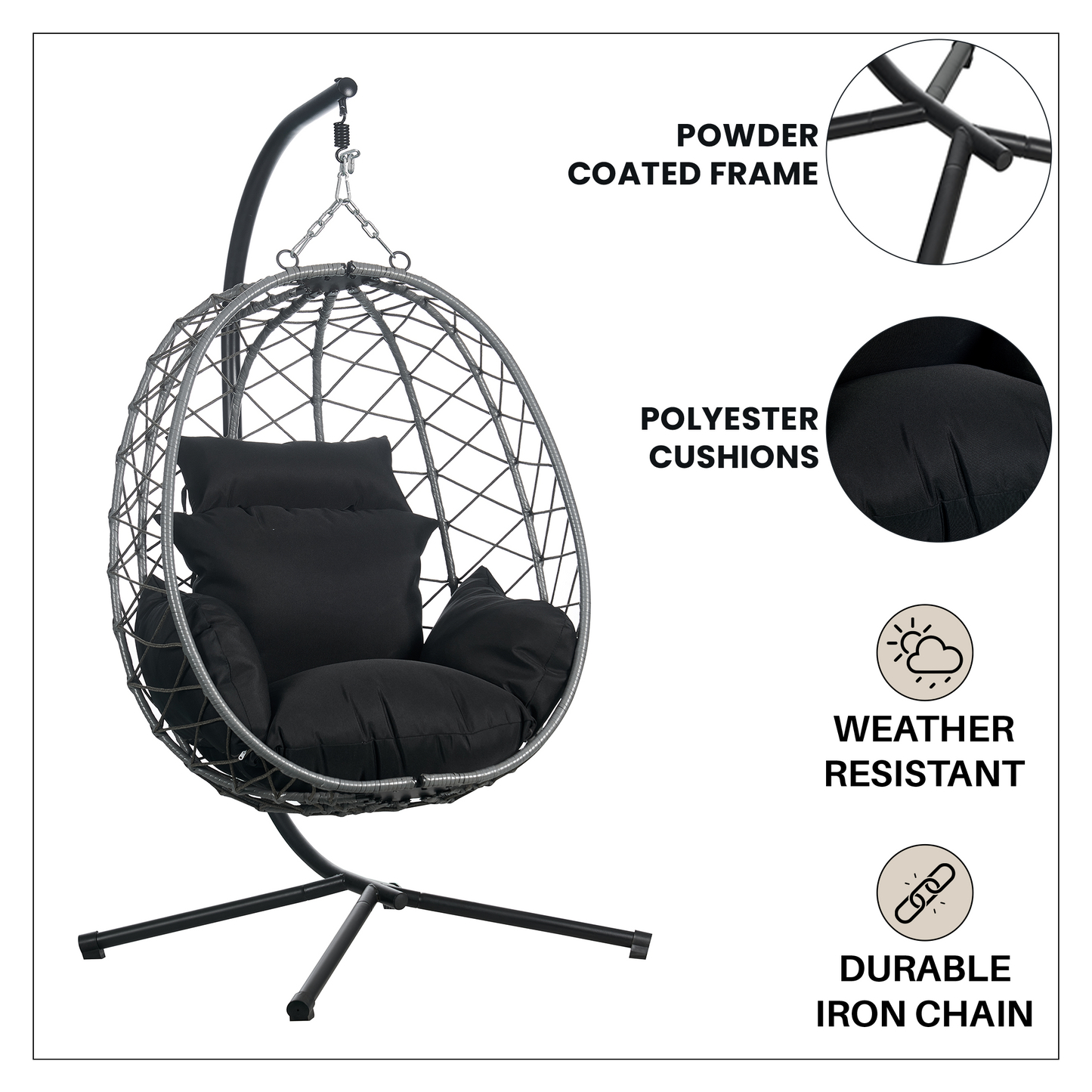 Summit Outdoor Single Person Egg Swing Chair in Grey Steel Frame With Removable Cushions