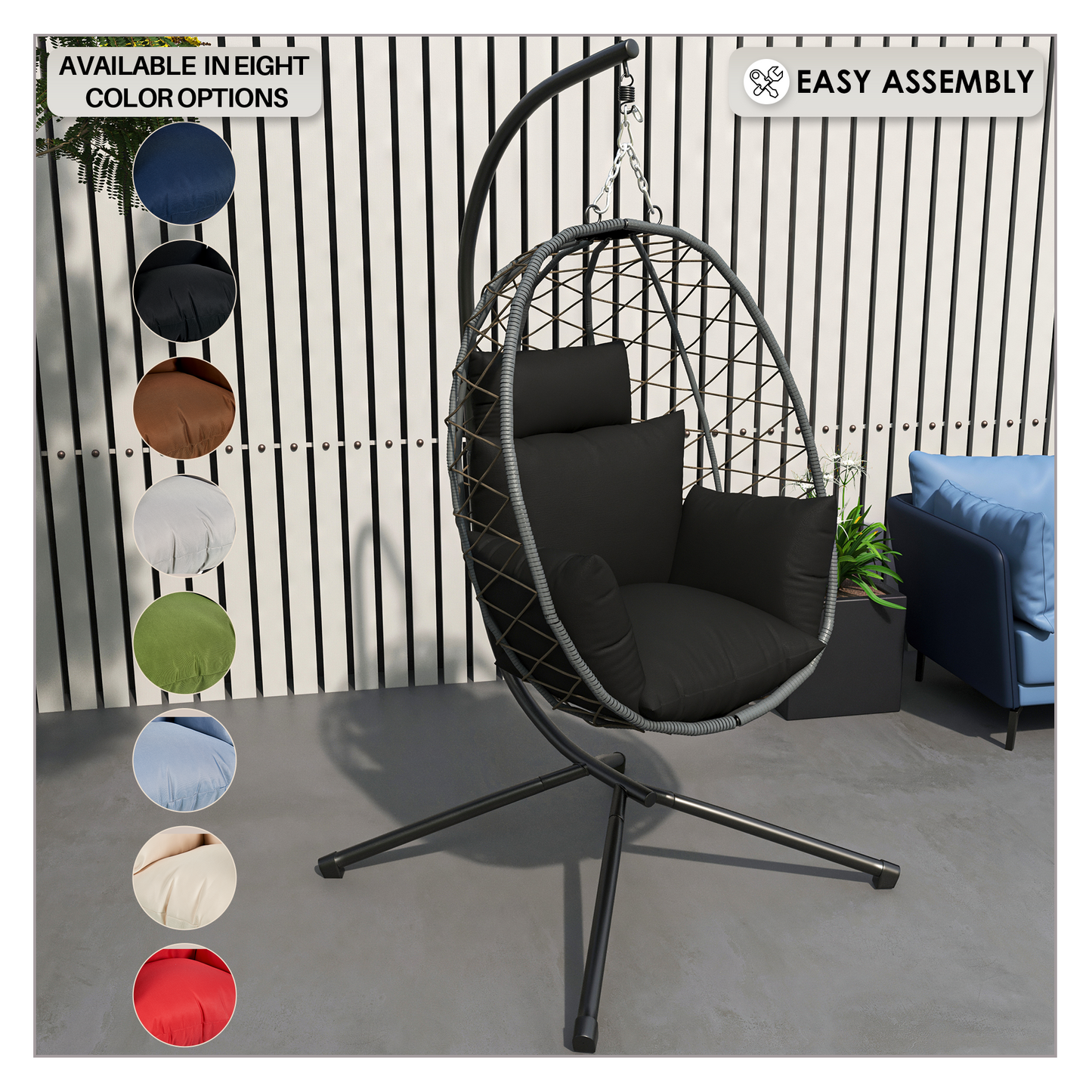 Summit Outdoor Single Person Egg Swing Chair in Grey Steel Frame With Removable Cushions