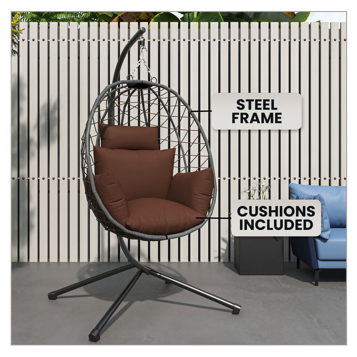 Summit Outdoor Single Person Egg Swing Chair in Grey Steel Frame With Removable Cushions