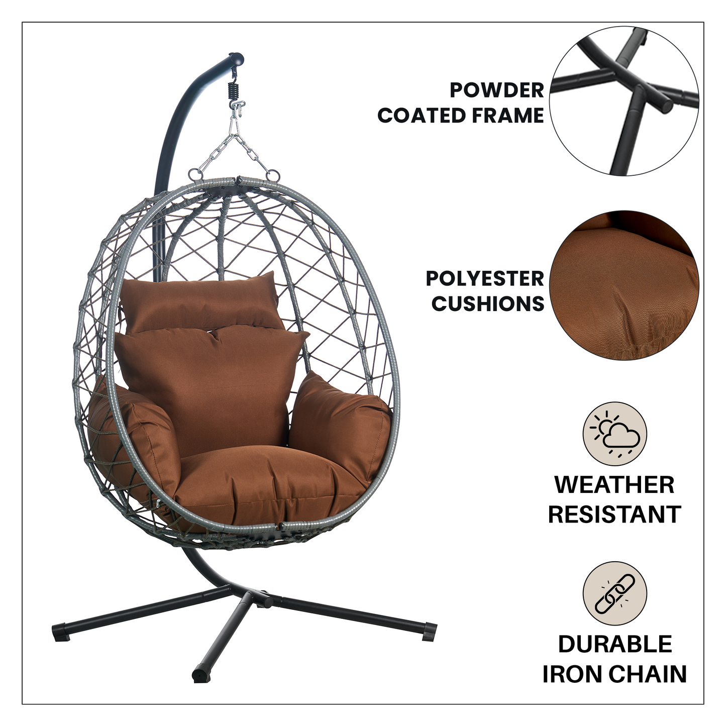 Summit Outdoor Single Person Egg Swing Chair in Grey Steel Frame With Removable Cushions
