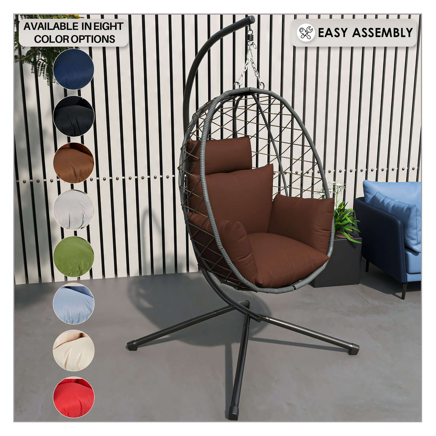 Summit Outdoor Single Person Egg Swing Chair in Grey Steel Frame With Removable Cushions