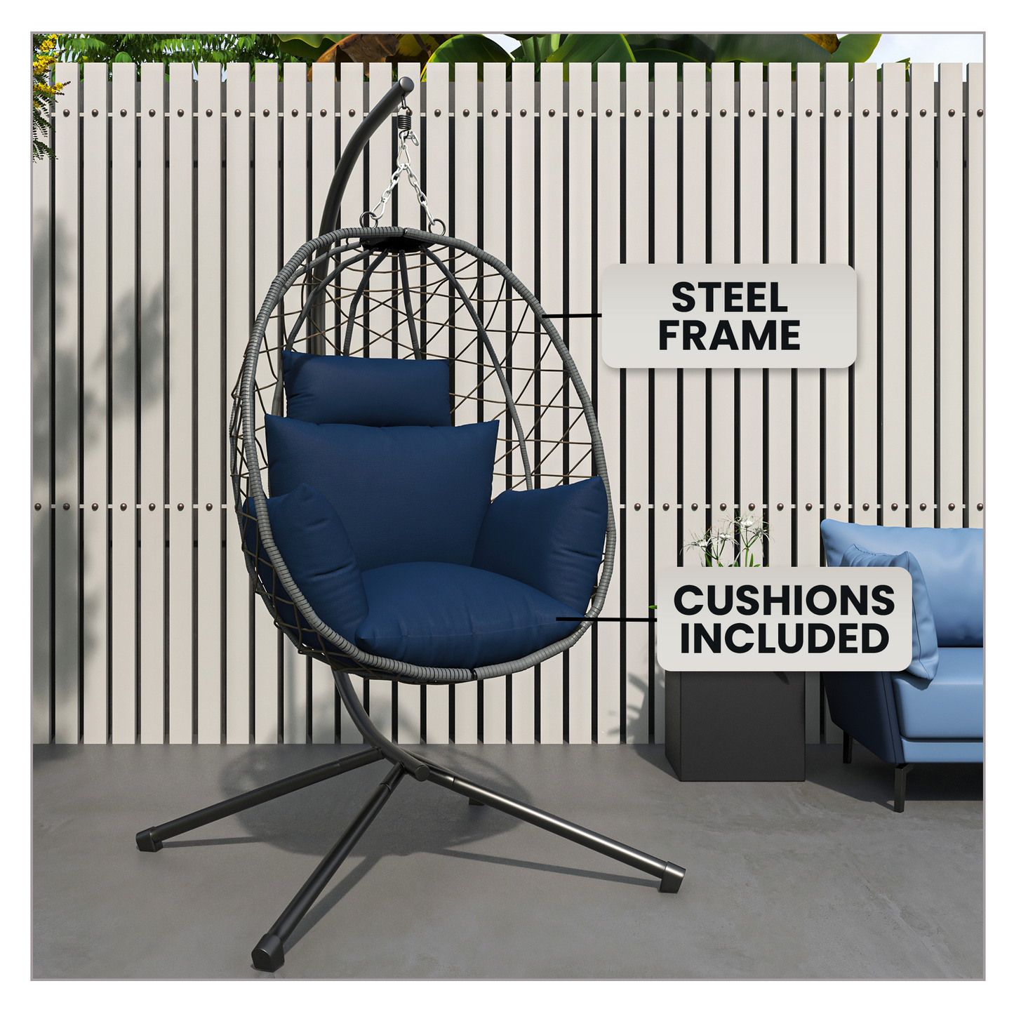 Summit Outdoor Single Person Egg Swing Chair in Grey Steel Frame With Removable Cushions