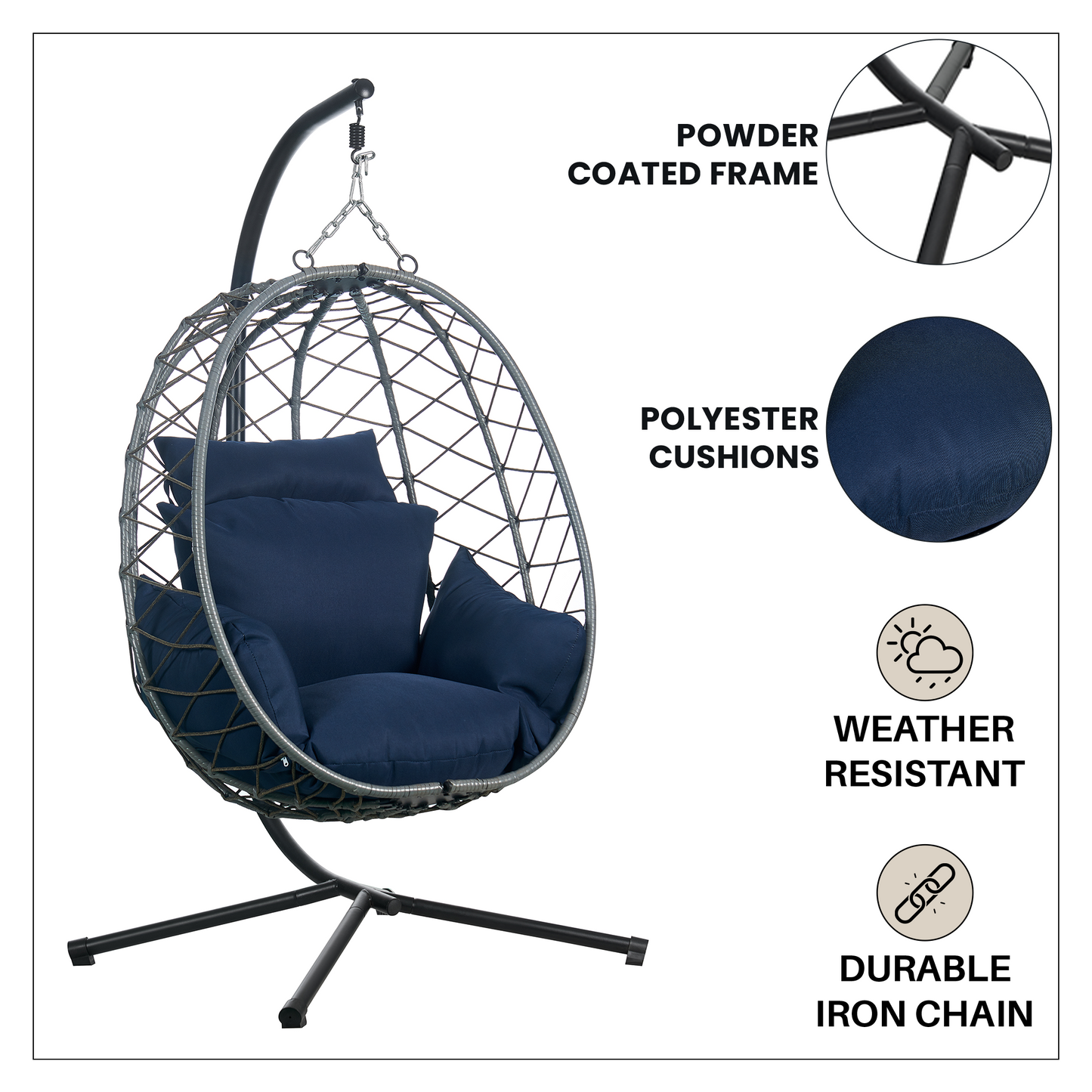 Summit Outdoor Single Person Egg Swing Chair in Grey Steel Frame With Removable Cushions