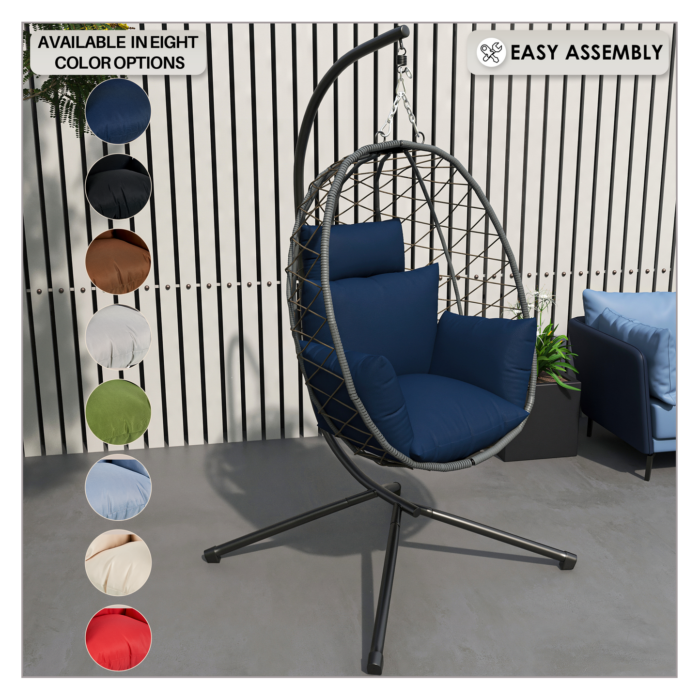Summit Outdoor Single Person Egg Swing Chair in Grey Steel Frame With Removable Cushions