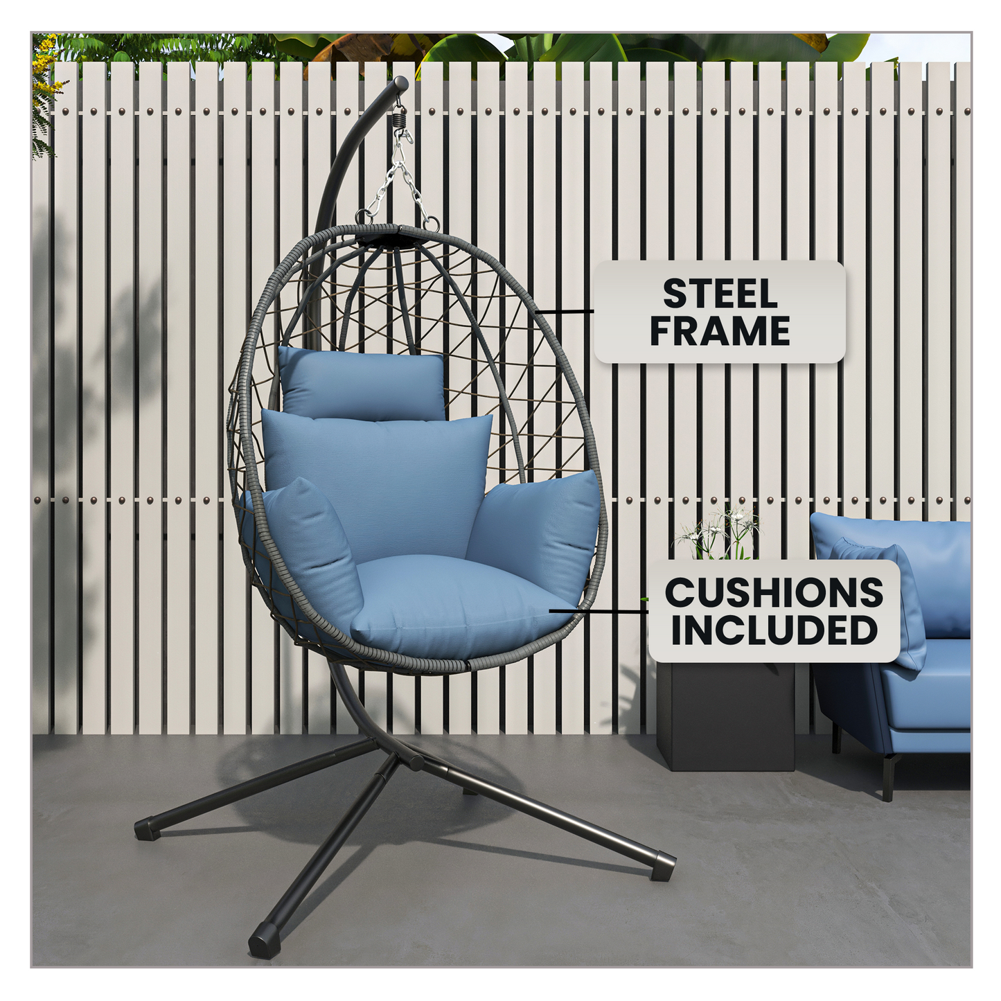 Summit Outdoor Single Person Egg Swing Chair in Grey Steel Frame With Removable Cushions
