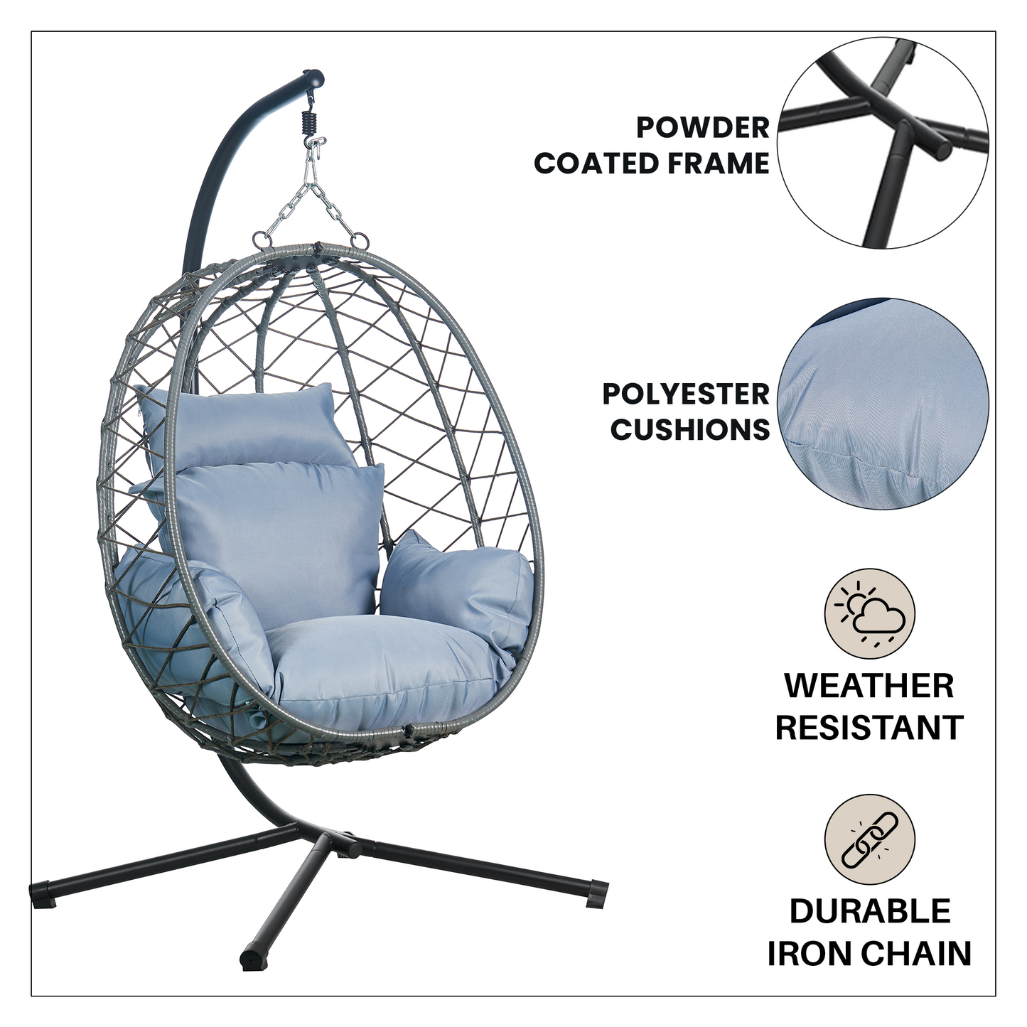 Summit Outdoor Single Person Egg Swing Chair in Grey Steel Frame With Removable Cushions