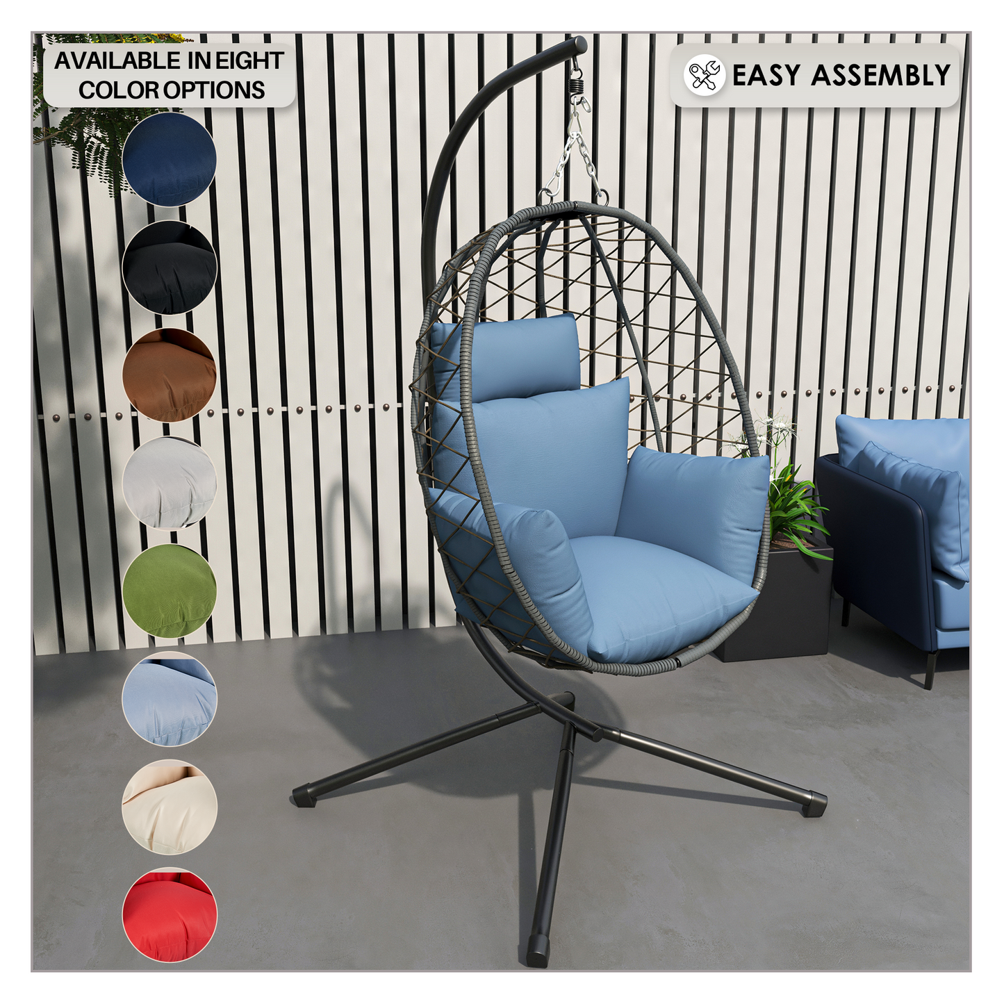 Summit Outdoor Single Person Egg Swing Chair in Grey Steel Frame With Removable Cushions