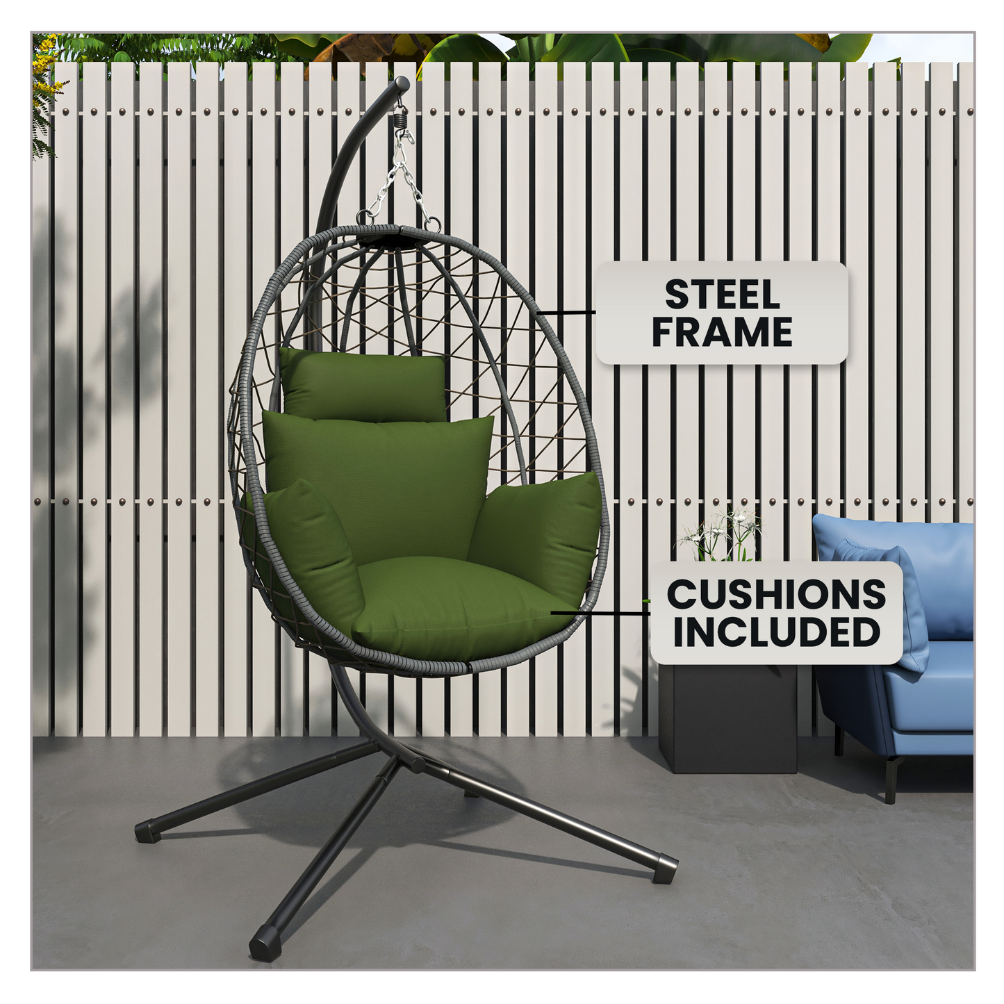 Summit Outdoor Single Person Egg Swing Chair in Grey Steel Frame With Removable Cushions