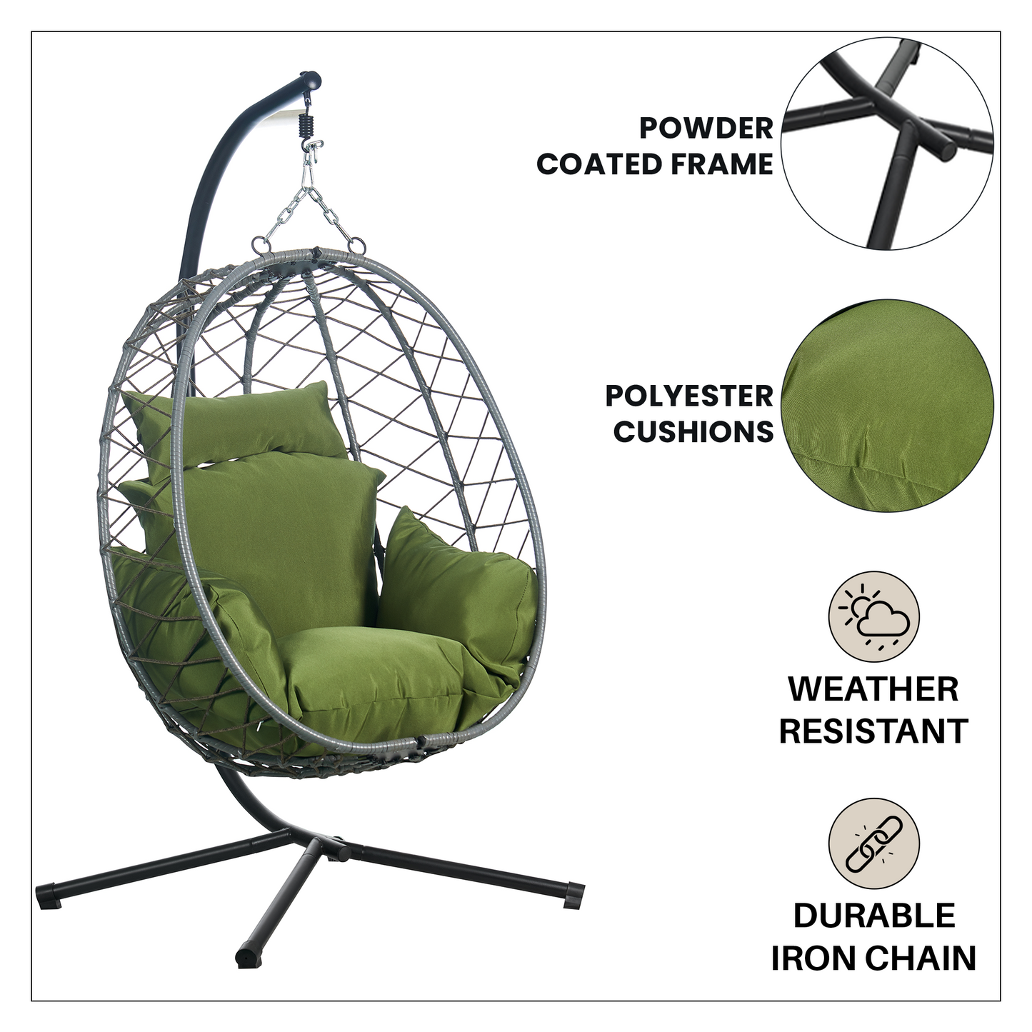 Summit Outdoor Single Person Egg Swing Chair in Grey Steel Frame With Removable Cushions