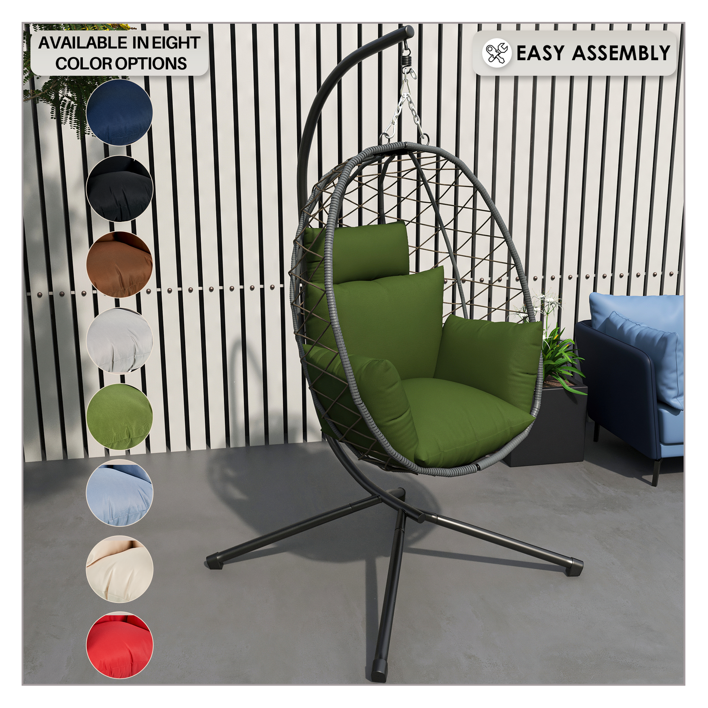 Summit Outdoor Single Person Egg Swing Chair in Grey Steel Frame With Removable Cushions