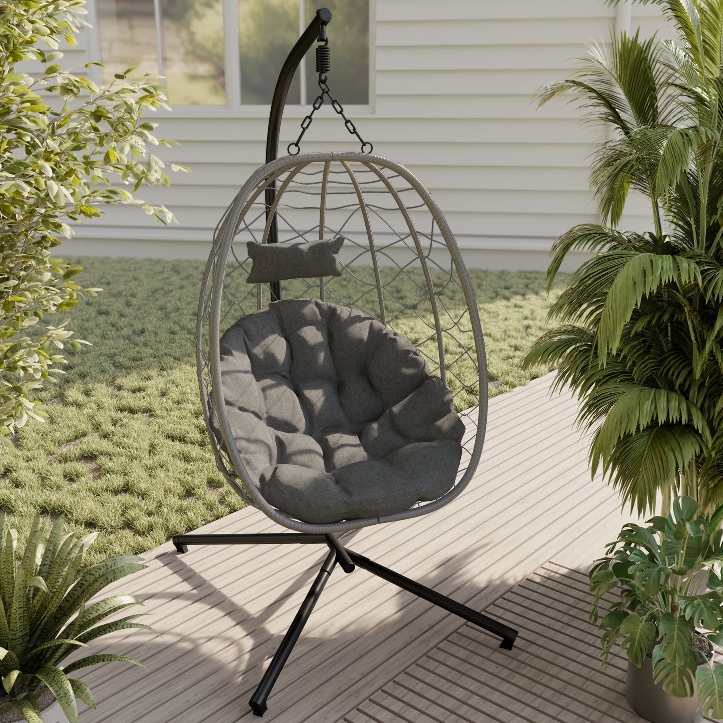 Summit Outdoor Single Person Egg Swing Chair in Grey Steel Frame With Removable Cushions