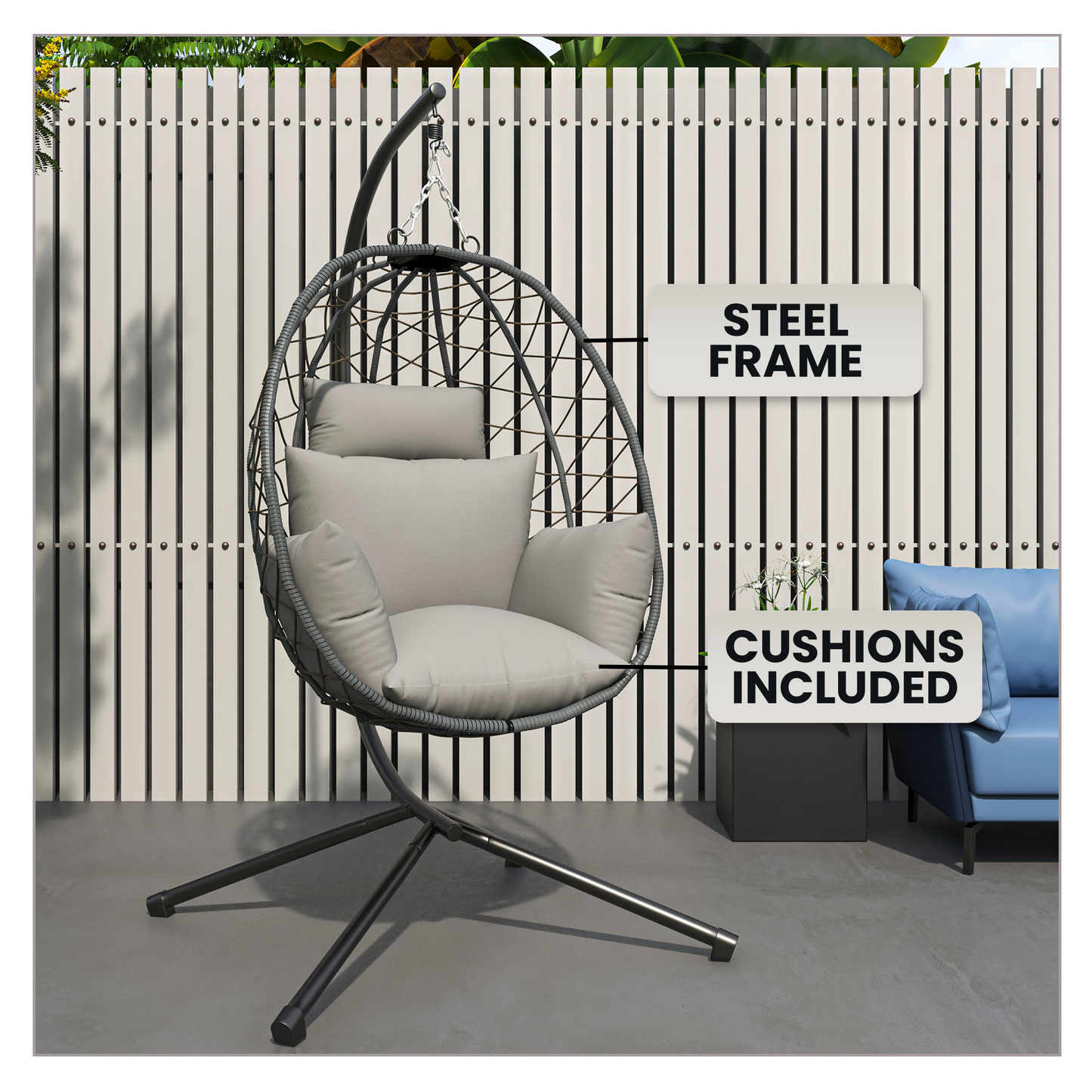 Summit Outdoor Single Person Egg Swing Chair in Grey Steel Frame With Removable Cushions